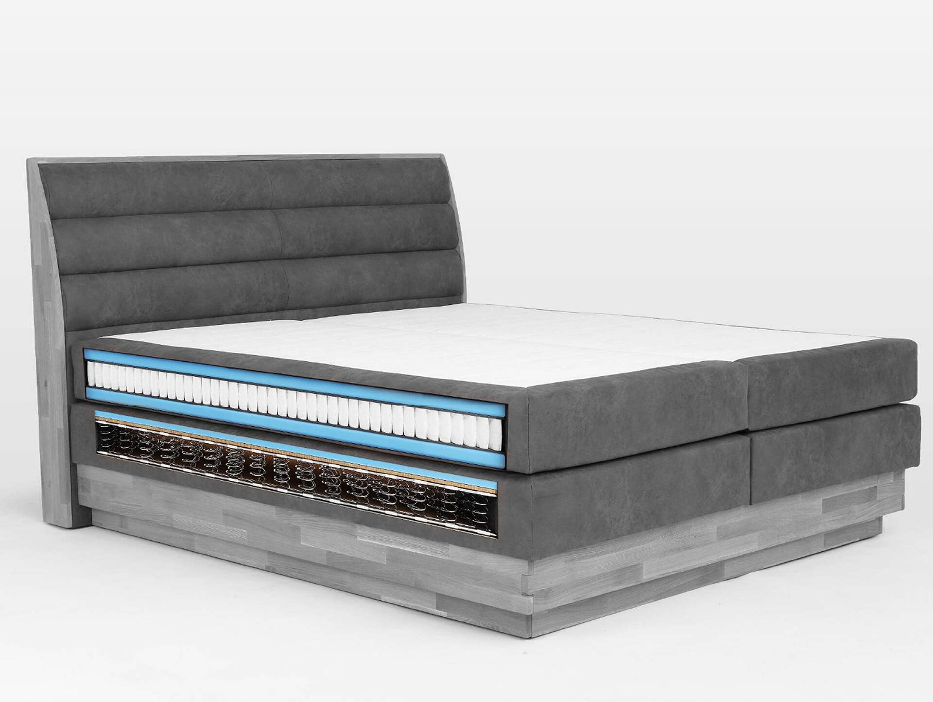 MAILO Boxspringbett mit Bettkasten, Material Massivholz Eiche/ Bezug Stoff in 2 Farben 160 x 200 cm | Braun