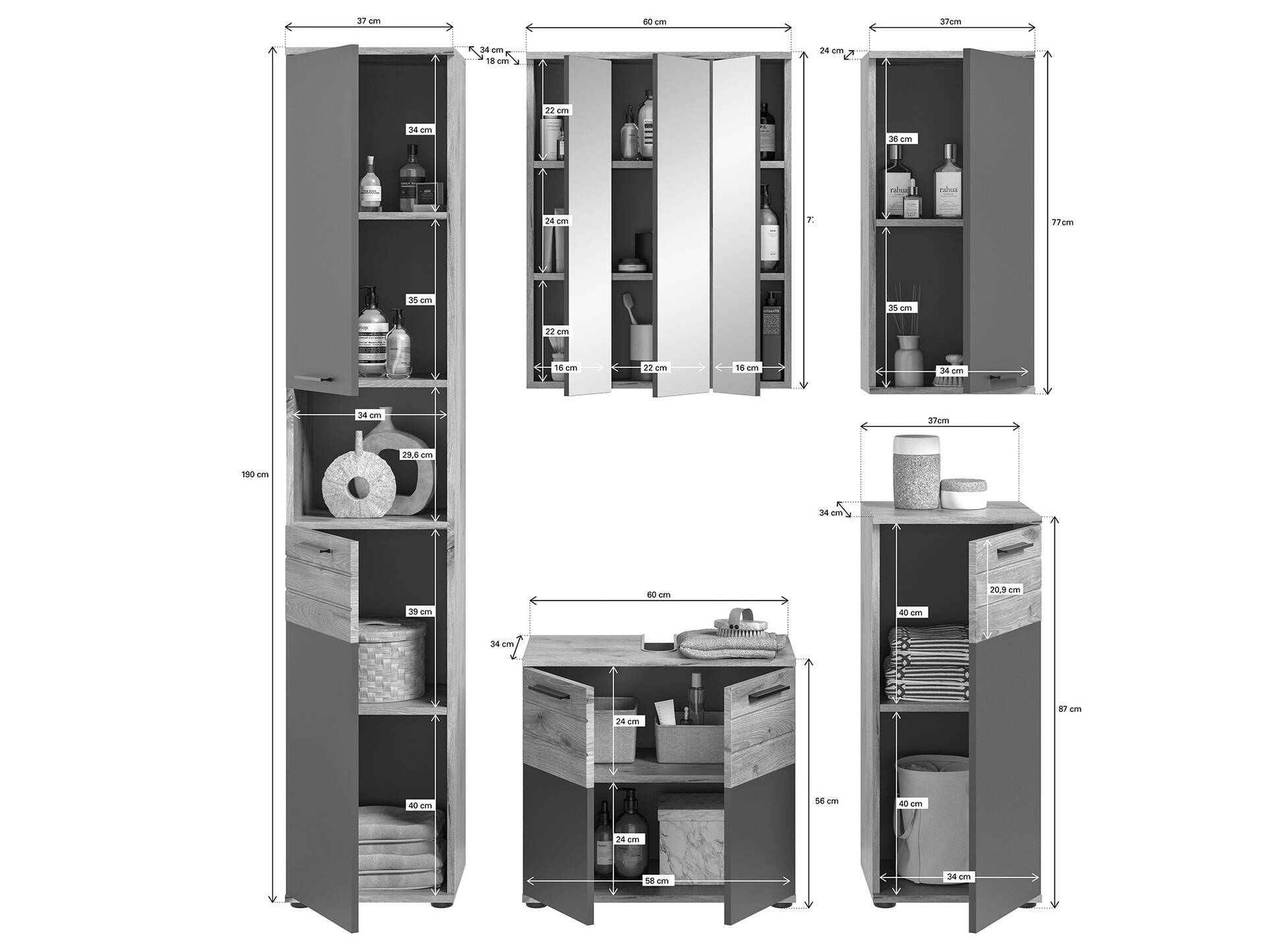 MORANO Badezimmerset I, Material Dekorspanplatte, Nox Oak Nachbildung/Basaltgrau 
