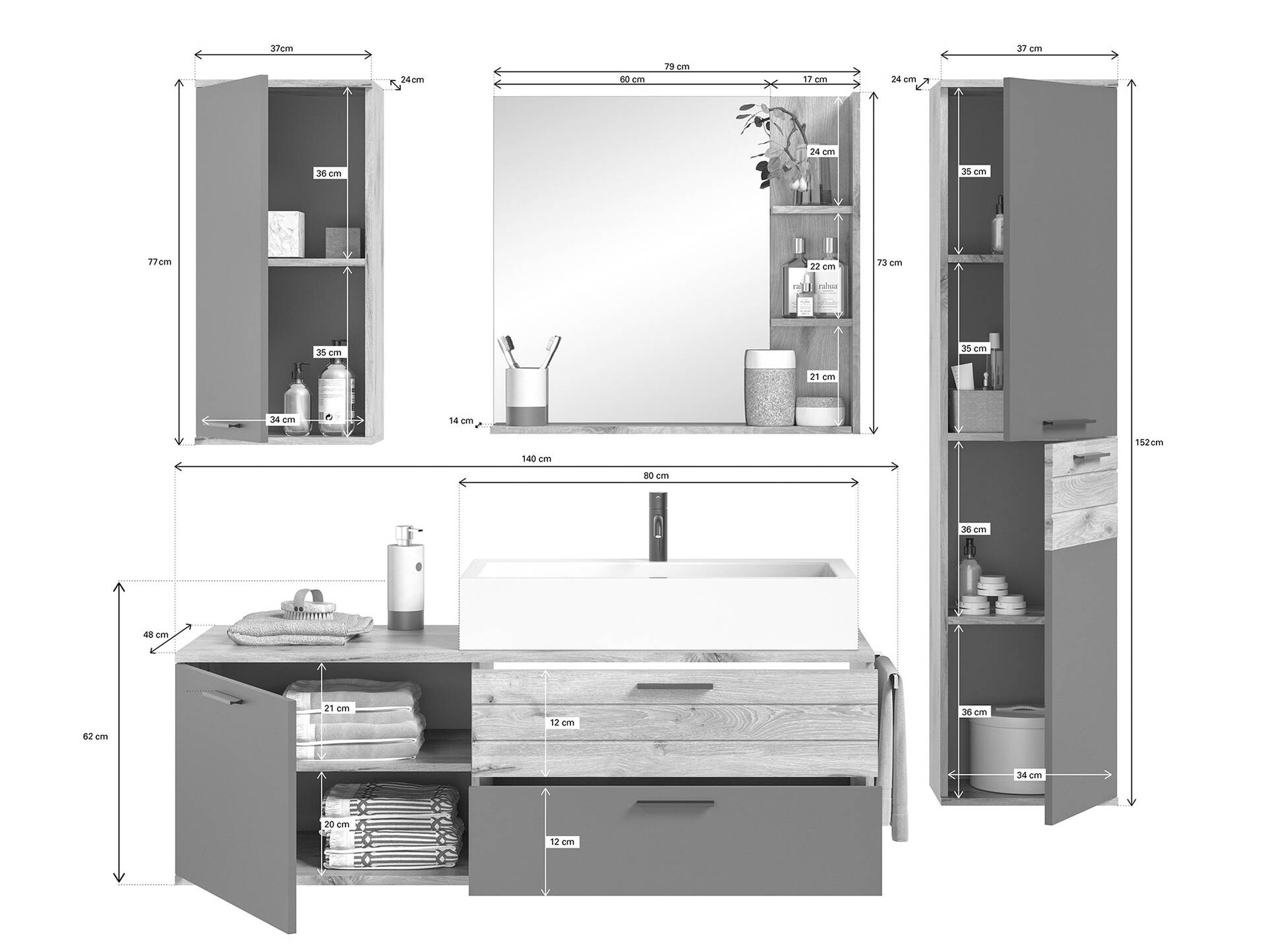 MORANO Badezimmerset II, Material Dekorspanplatte, Nox Oak Nachbildung/Basaltgrau 