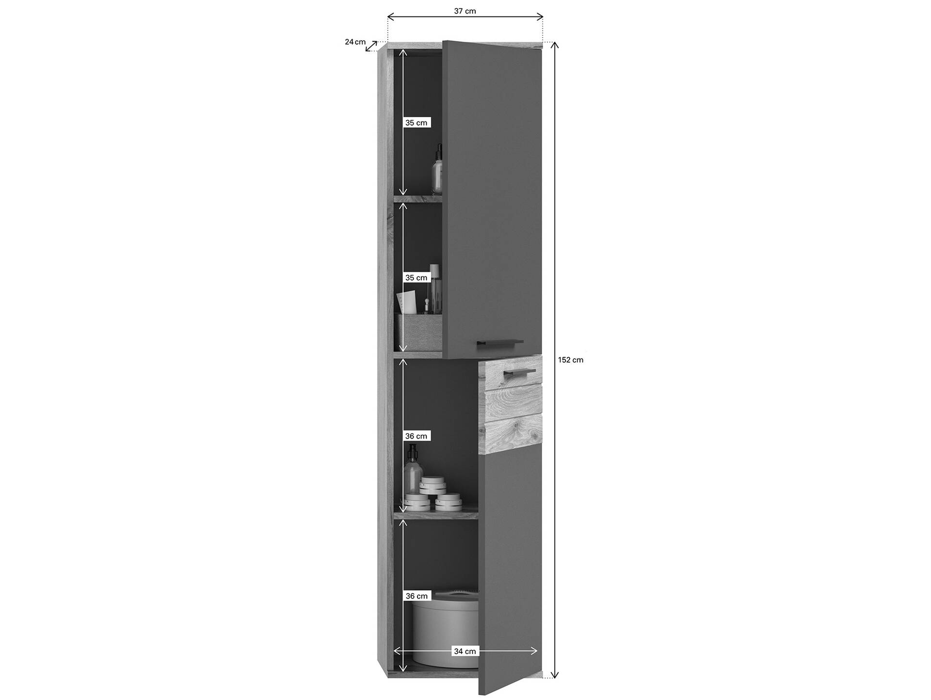 MORANO Hänge-Hochschrank fürs Badezimmer, Material Dekorspanplatte, Nox Oak Nachbildung/Basaltgrau 