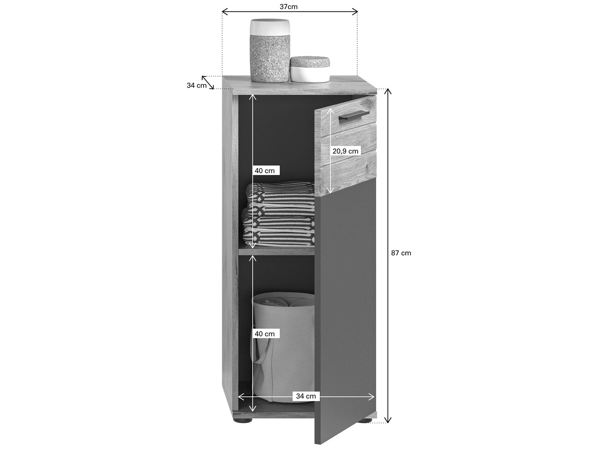 MORANO Standschrank fürs Badezimmer, Material Dekorspanplatte, Nox Oak Nachbildung/Basaltgrau 