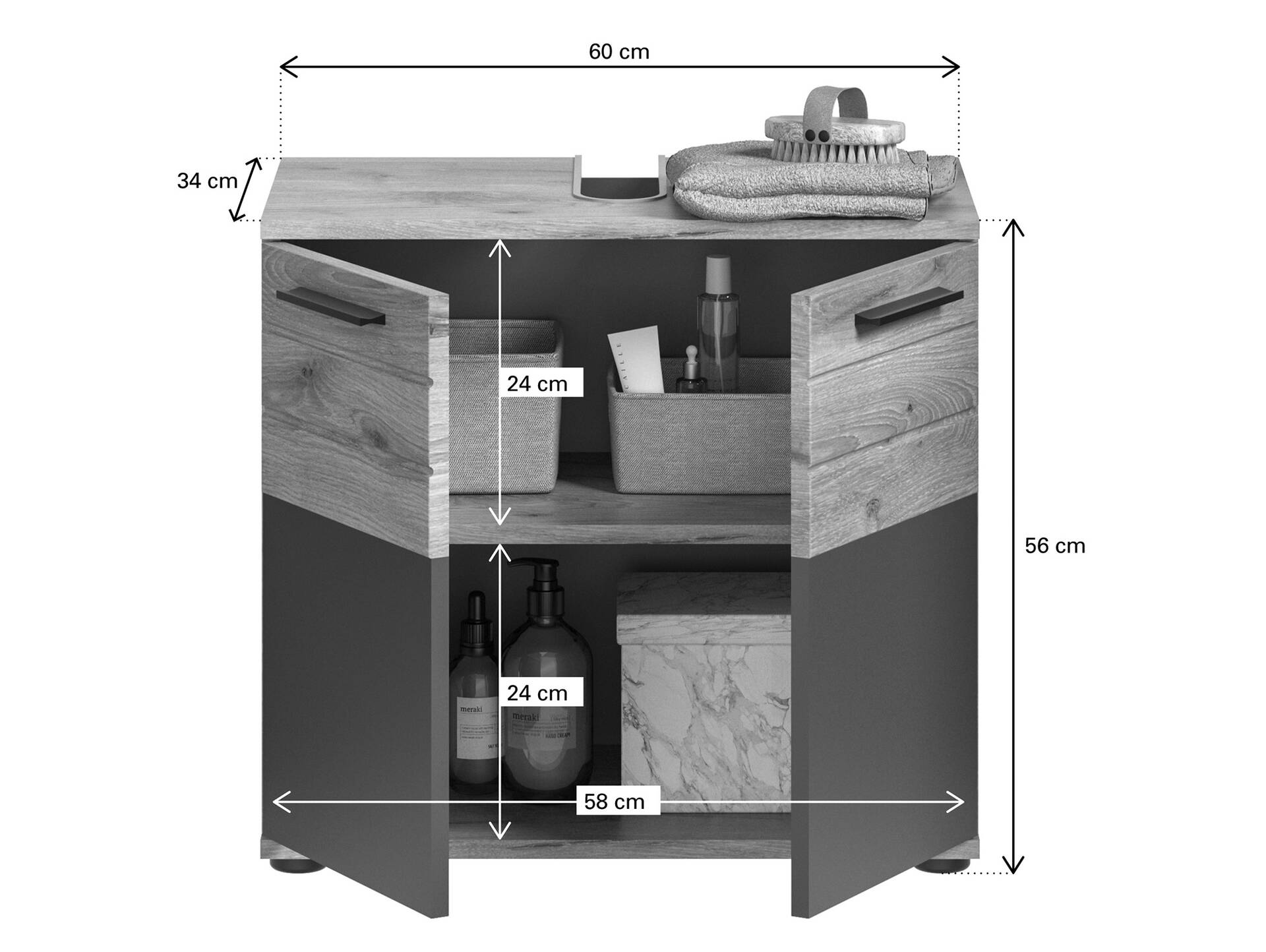 MORANO Waschbeckenunterschrank, Material Dekorspanplatte, Nox Oak Nachbildung/Grau 