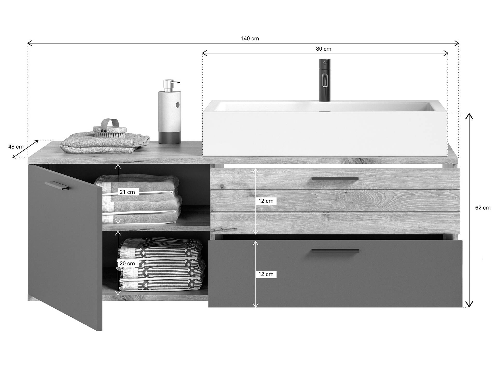 MORANO Waschtisch inkl. Becken, Material Dekorspanplatte, Nox Oak Nachbildung/Basaltgrau 