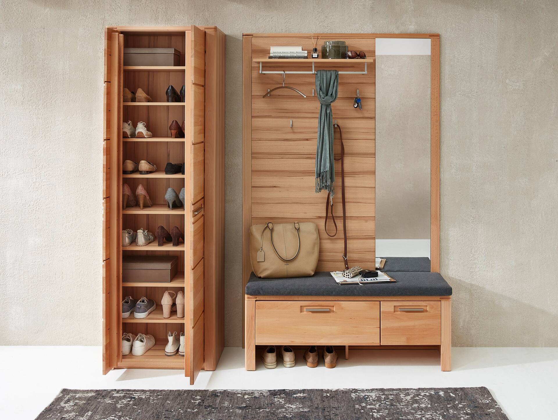 NESTOR ONE Garderobenschrank II, Material Teilmassiv, Kernbuche lack 