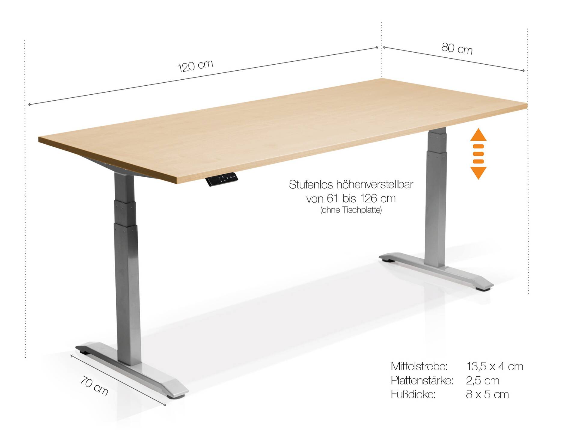 OFFICE ONE elektrisch höhenverstellbarer Schreibtisch / Stehtisch, Material Dekorspanplatte 120 x 80 cm | weiss | weiss