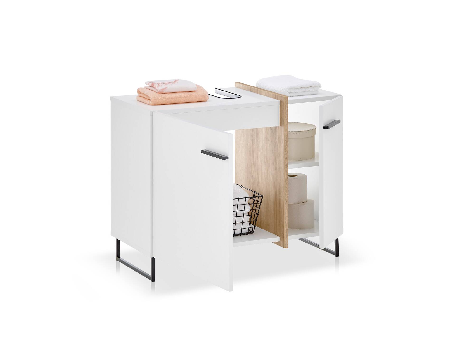 PIDERO Waschbeckenunterschrank, Material Spanplatte, weiss/eichefarbig 