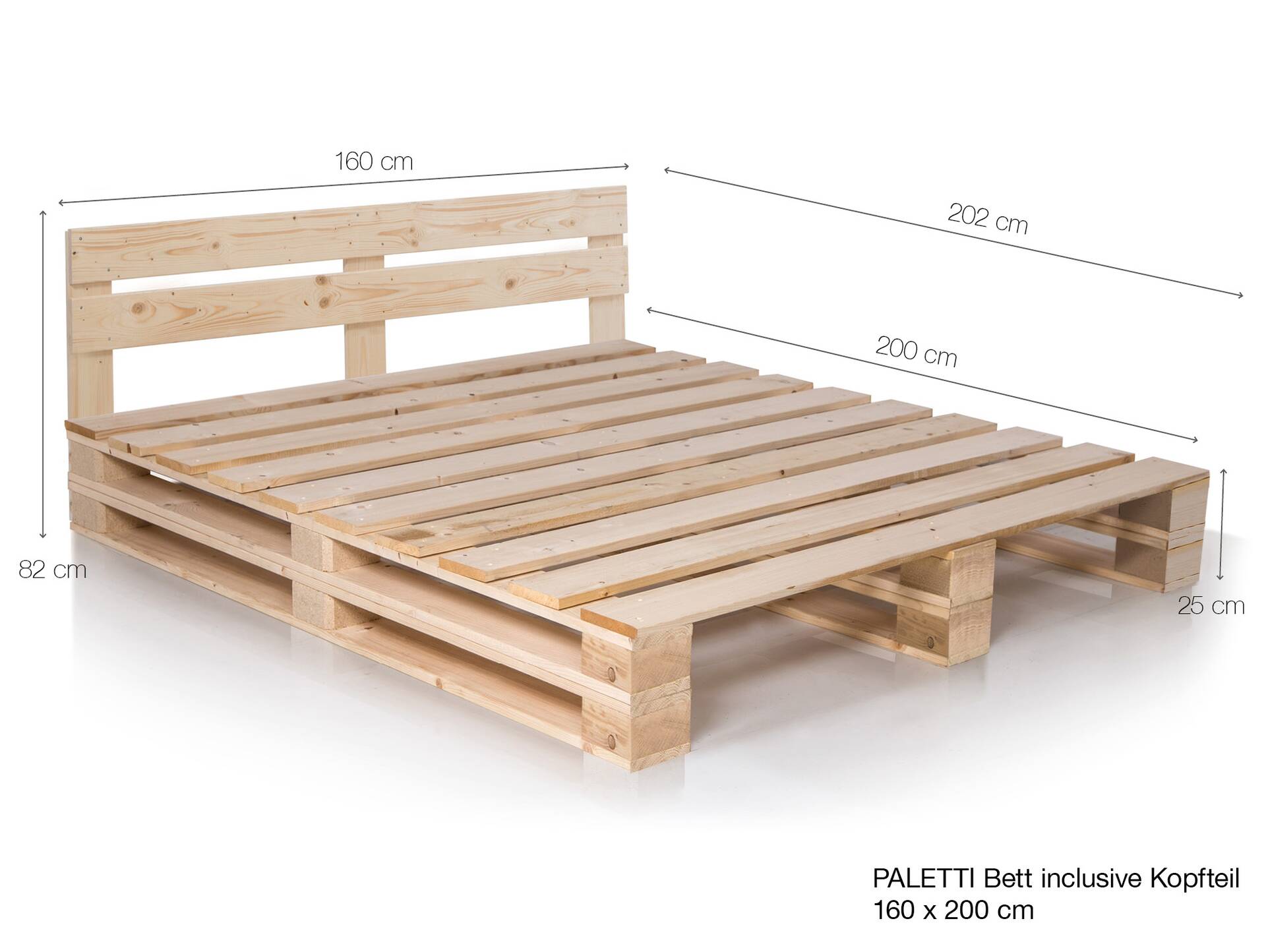 PALETTI DUO Massivholzbett / Palettenbett, inklusive Kopfteil 160 x 200 cm | Fichte natur