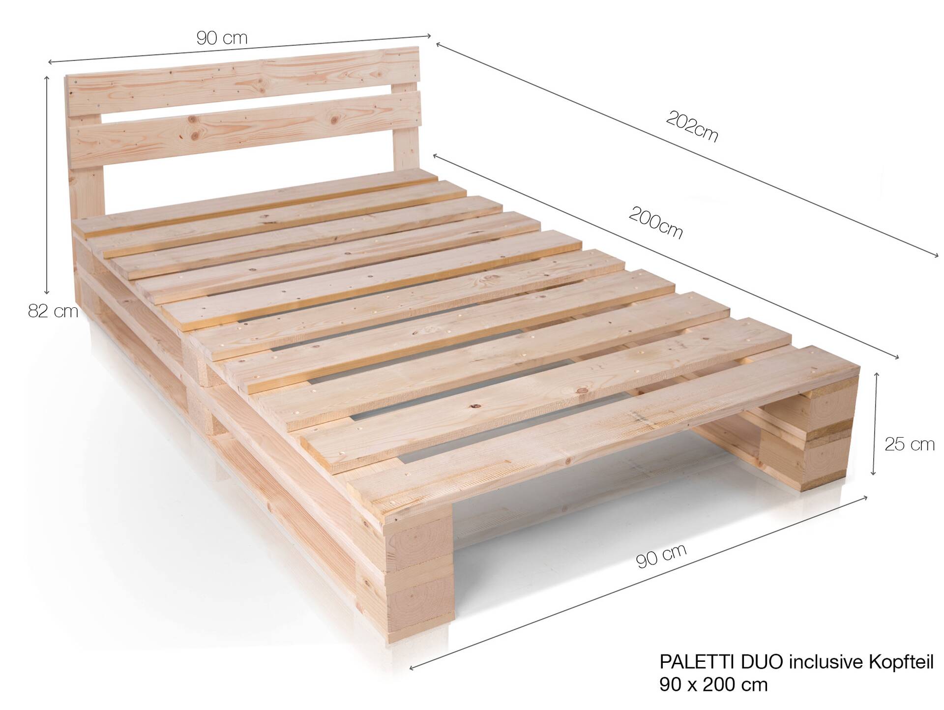 PALETTI DUO Massivholzbett / Palettenbett, inklusive Kopfteil 90 x 200 cm | Fichte natur