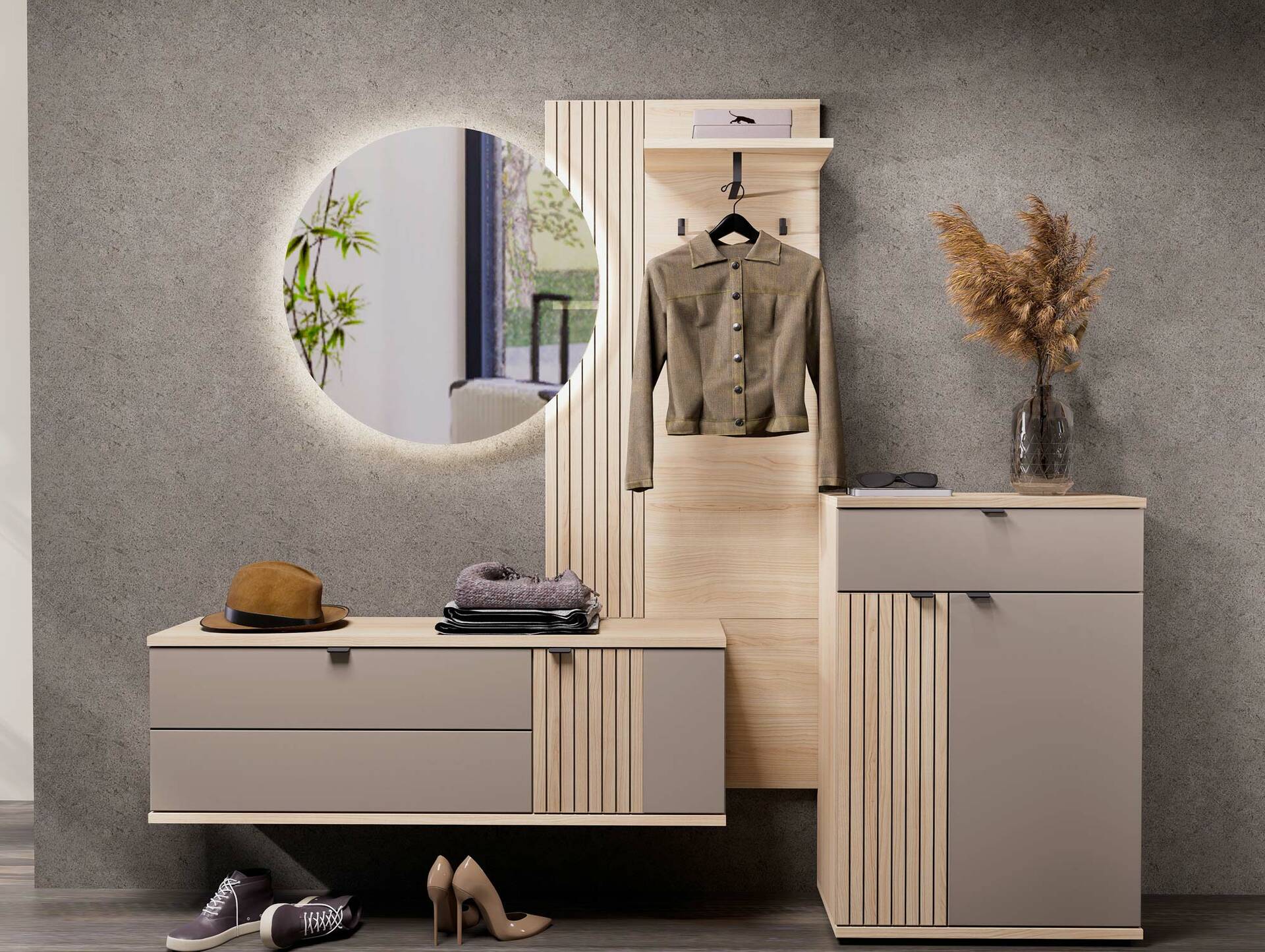 PELMO Schuhschrank I, Material Dekorspanplatte, Basaltfarbig/Riva Eiche Nachb. 