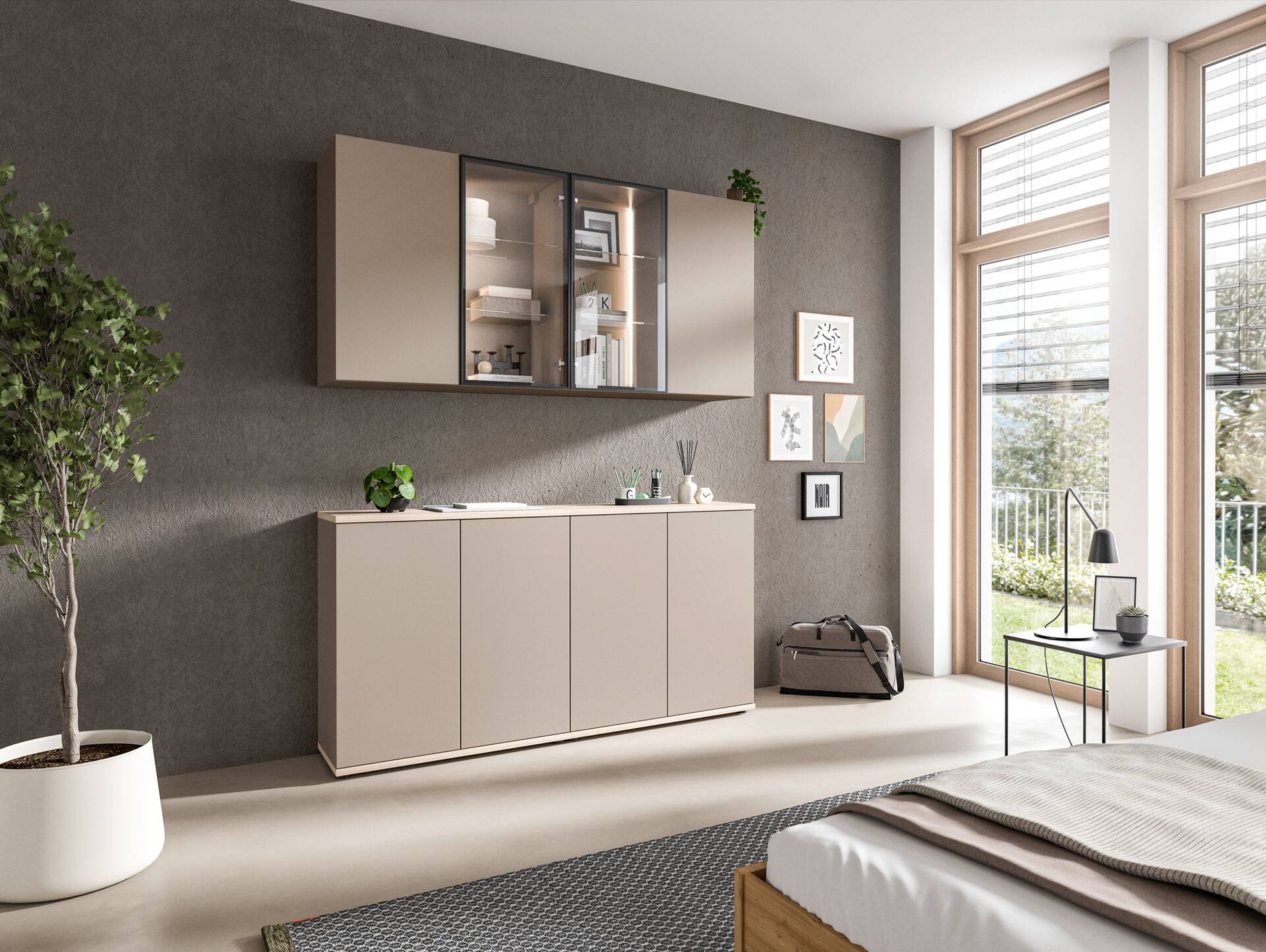 OSLO Highboardkombi, Material Dekorspanplatte Eichefarbig/basalt matt