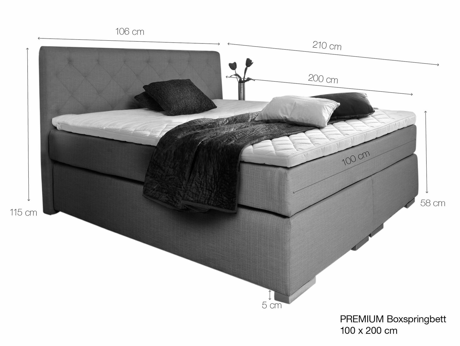 PREMIUM Boxspringbett inkl. Kopfteil 100 x 200 cm | anthrazit | Härtegrad 3