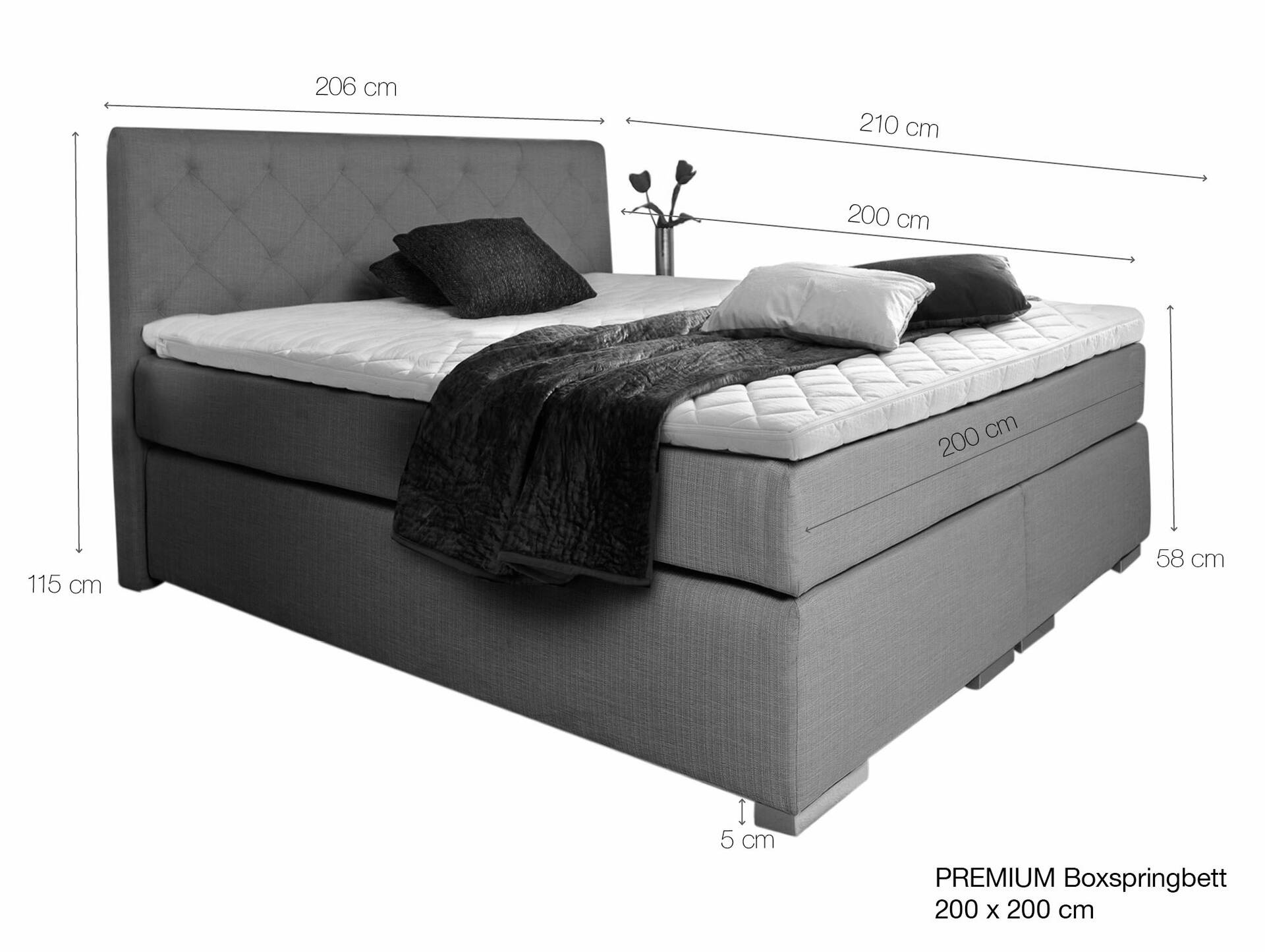 PREMIUM Boxspringbett inkl. Kopfteil 200 x 200 cm | anthrazit | Härtegrad 2