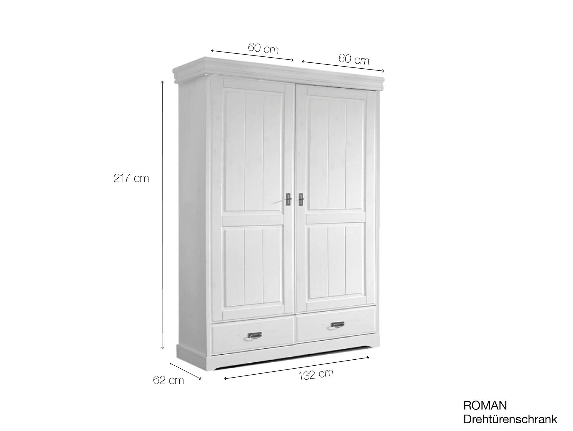 ROMAN Kleiderschrank / Drehtürenschrank, Material Massivholz, Kiefer 2-türig | weiss