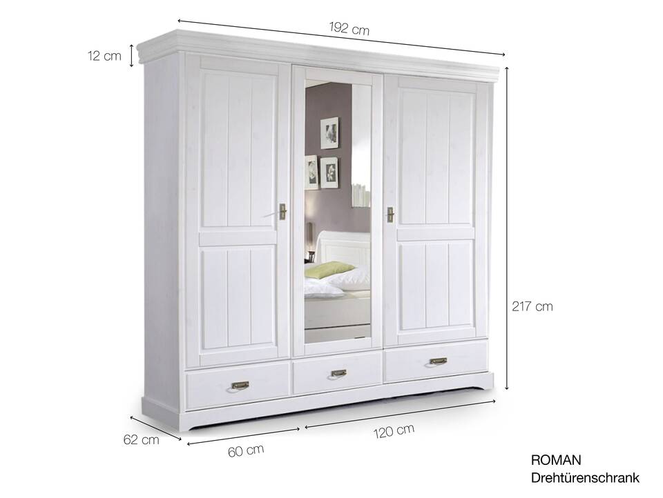 ROMAN Kleiderschrank / Drehtürenschrank, Material Massivholz, Kiefer 3-türig | weiss/colonial