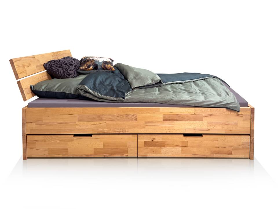 CHICO Stauraumbett mit Kopfteil, Material Massivholz 160 x 200 cm | Buche geölt | einseitig