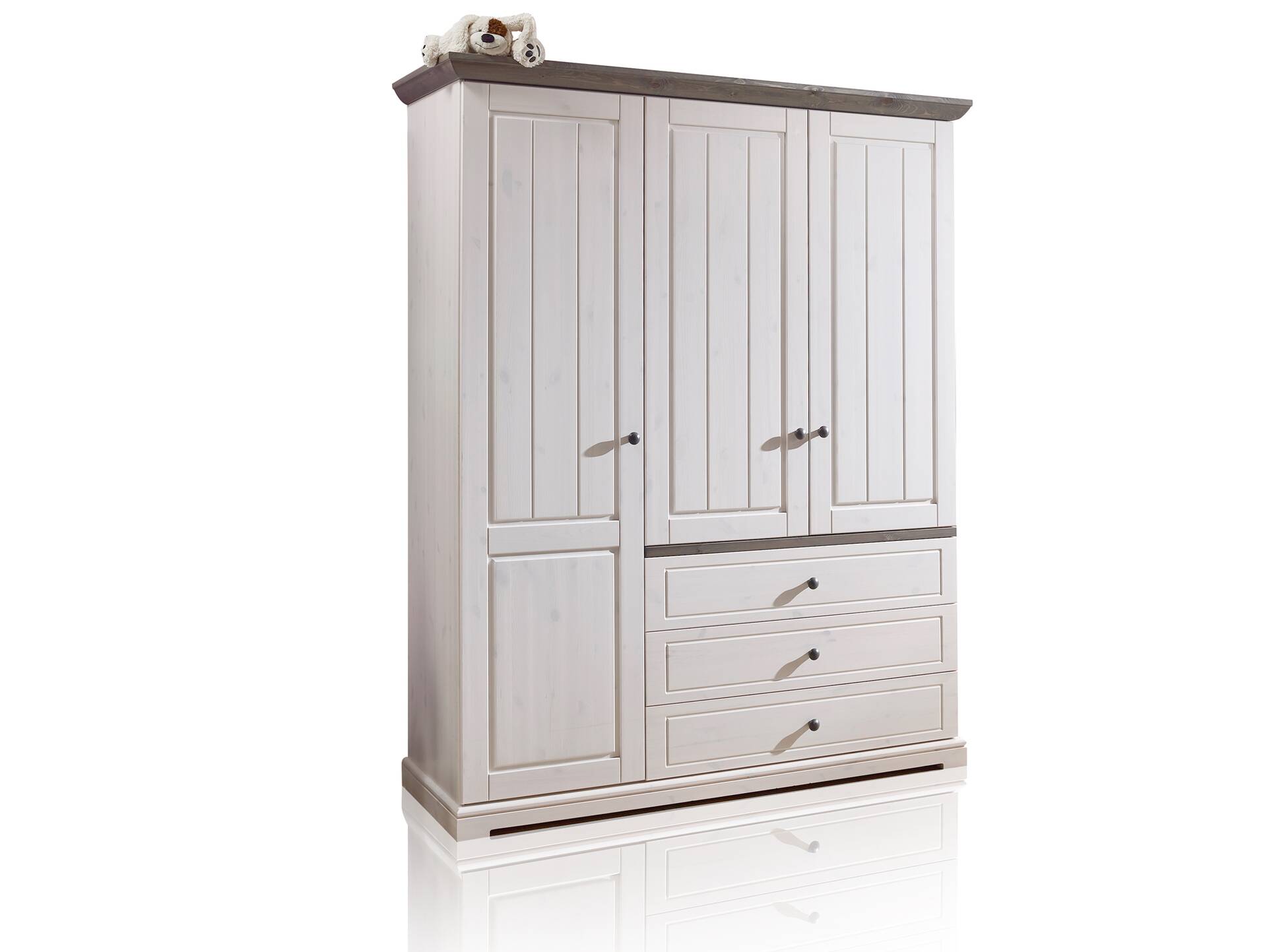 TINKA Kleiderschrank 3trg, Material Massivholz, Kiefer weiss/grau 