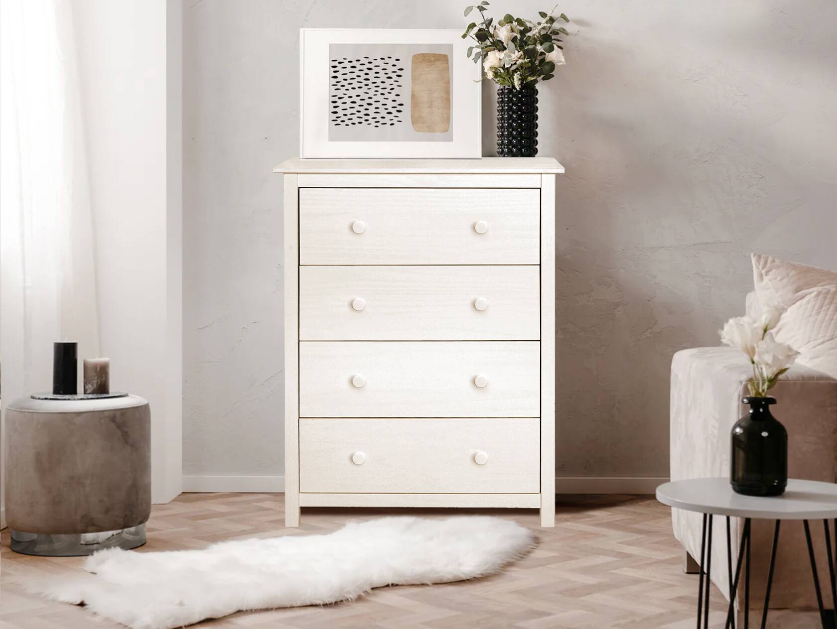 TOBINO Kommode mit 4 Schubladen, Material Massivholz, Kiefer Kiefer weiss | Metall