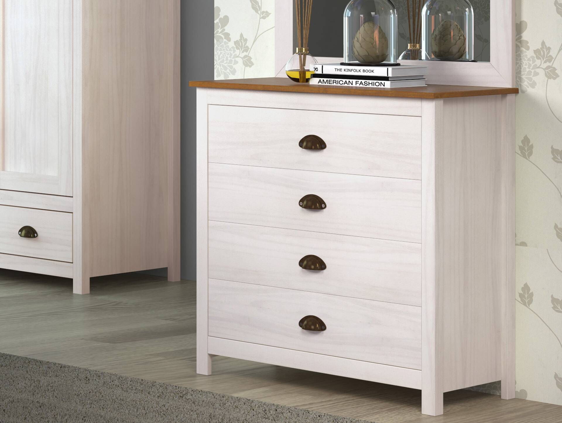 TRICO Kommode mit 4 Schubkästen, Material Massivholz, Kiefer weiss/eichefarbig 