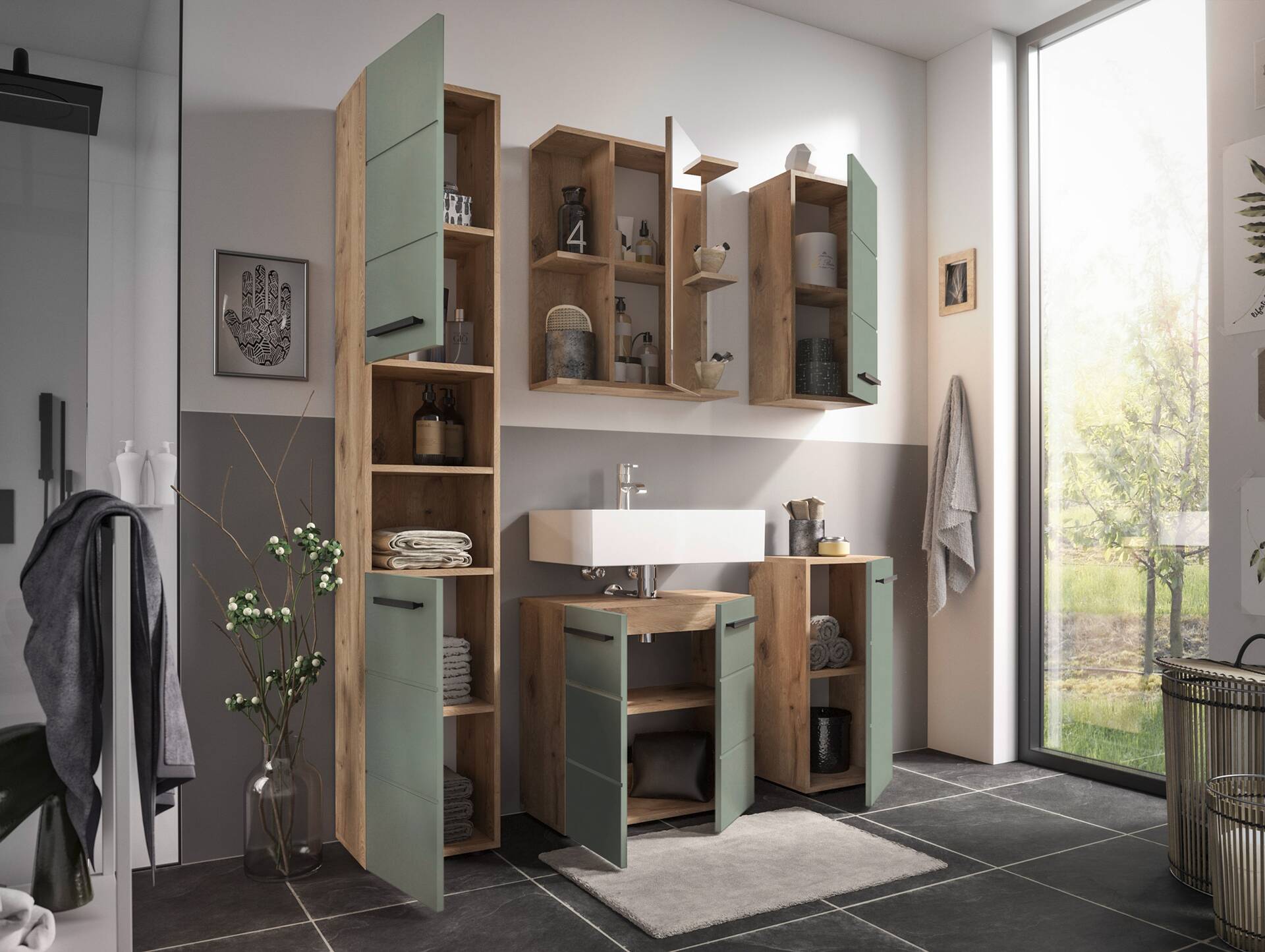 VALENCE Badezimmerset, Material Dekorspanplatte, Eiche Nachbildung/schilfgrün 