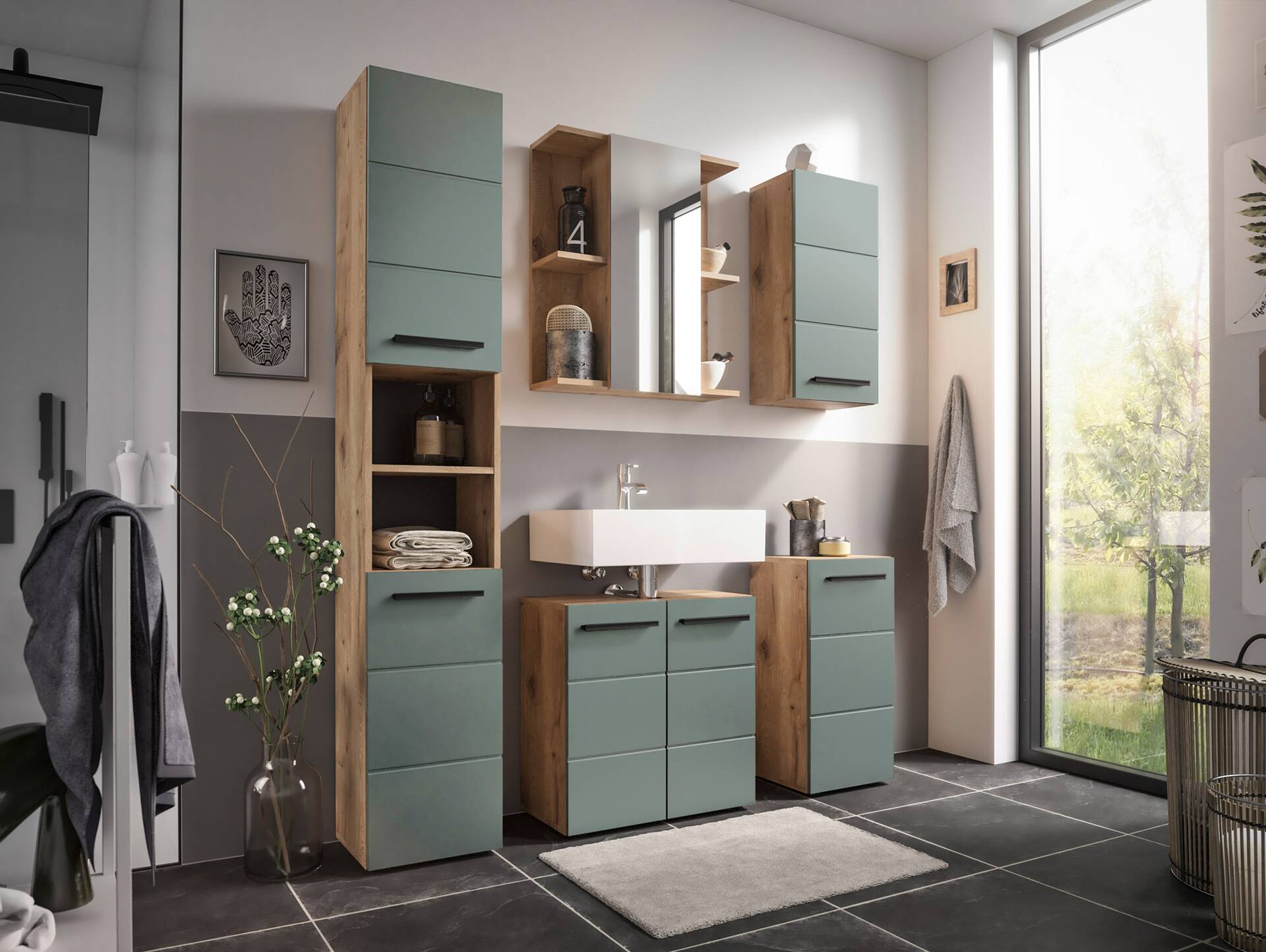 VALENCE Waschbeckenunterschrank, Material Dekorspanplatte, Eiche Nachbildung/schilfgrün 