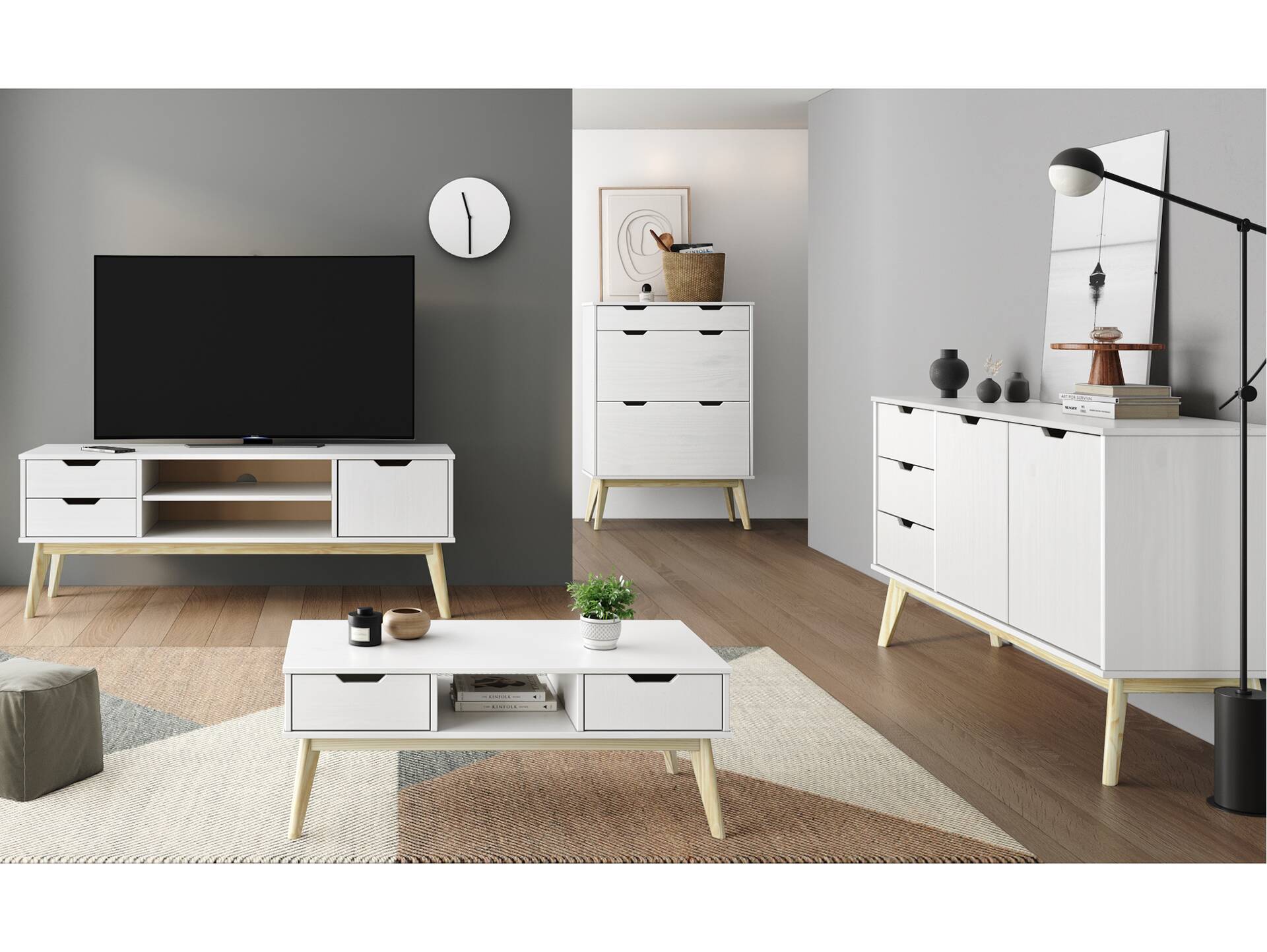 BARNY TV Lowboard II, Material Massivholz, Kiefer Kiefer weiss lackiert