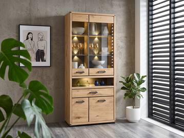 GOJA Vitrine II, Material teilmassiv, Artisan Wildeiche/graphitfarbig