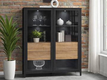 HAVANO Vitrine breit, Material Dekorspanplatte, Riviera eichefarbig/schwarz