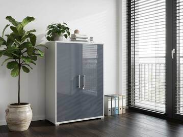OFFICE DELUXE Büroschrank niedrig, Material Dekorspanplatte/Glas, grau/graphit lackiert