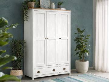 TRICO Kleiderschrank / Drehtürenschrank, Material Massivholz, Kiefer weiss/eichefarbig 3-türig