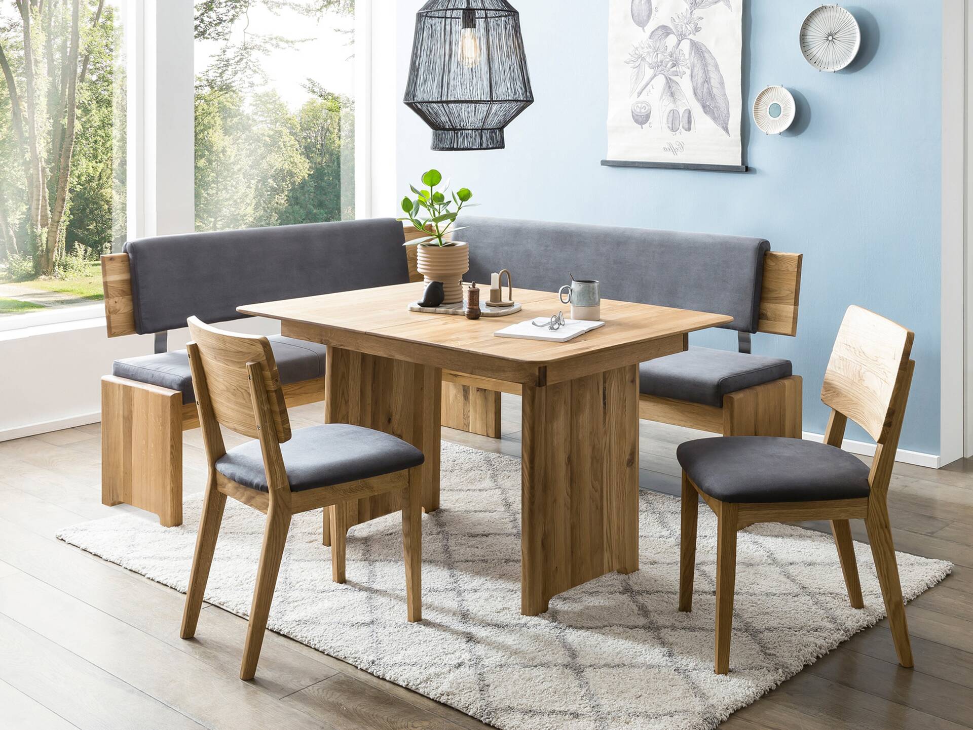 BERGAMO Eckbank mit Truhe aus Eiche, Material Massivholz/Bezug Mikrofaser 147 x 167 cm | grau