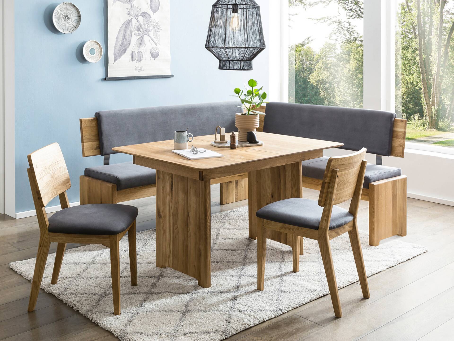 BERGAMO Eckbank mit Truhe aus Eiche, Material Massivholz/Bezug Mikrofaser 167 x 147 cm | grau