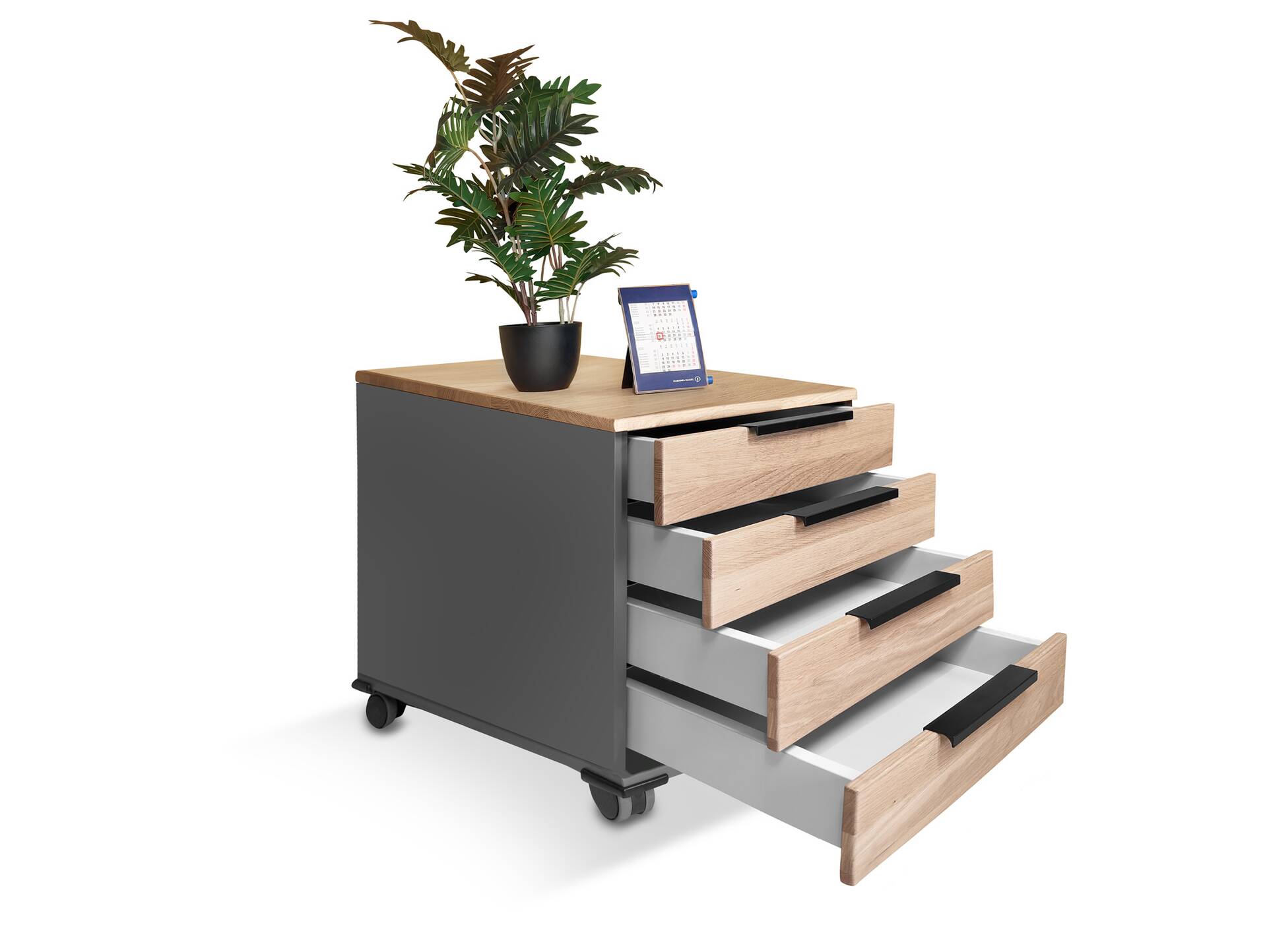 OFFICE OAK Rollcontainer, Material teilmassiv, Eiche/graphitfarbig 
