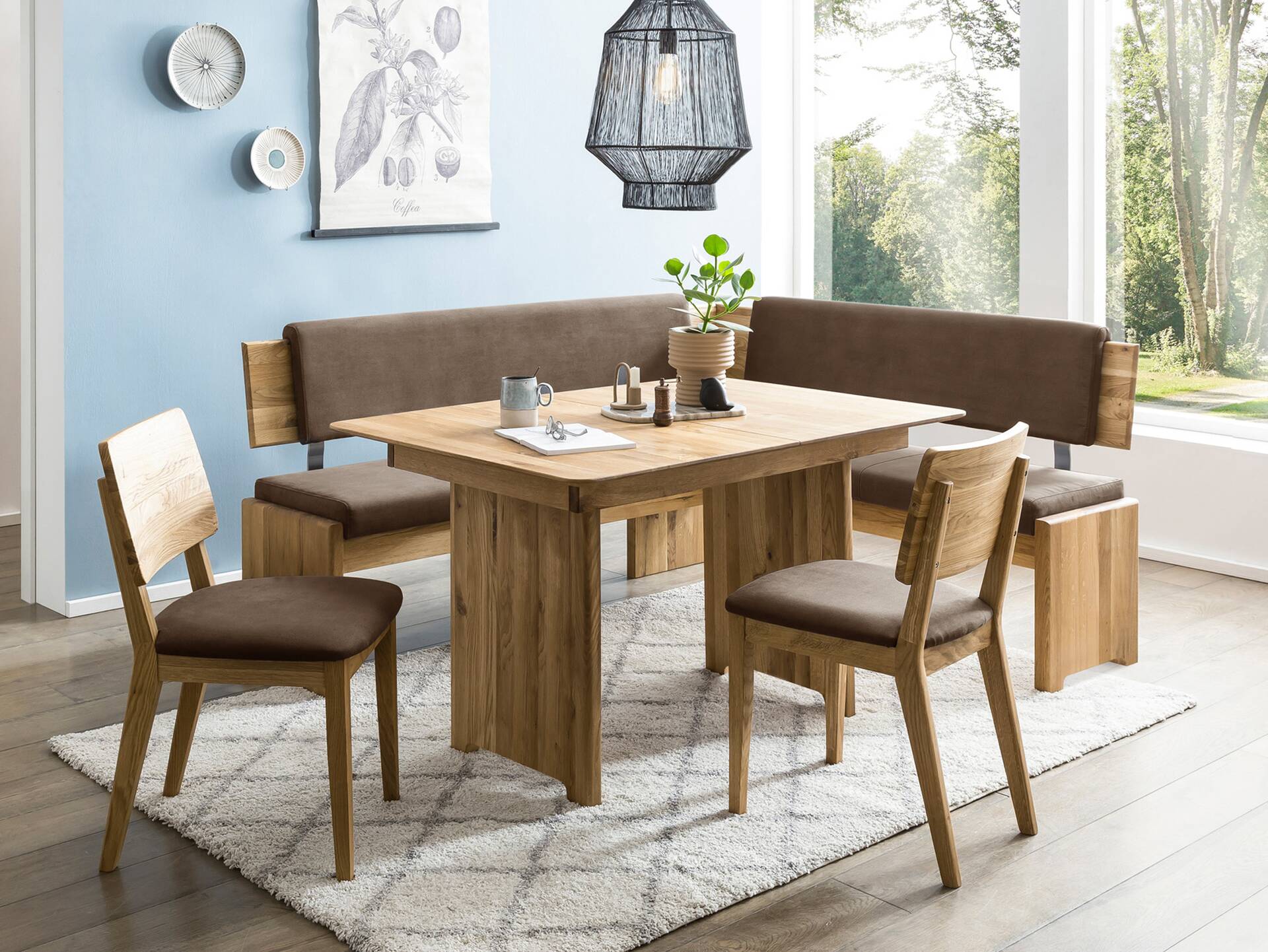 BERGAMO Eckbank mit Truhe aus Eiche, Material Massivholz/Bezug Mikrofaser 167 x 147 cm | braun