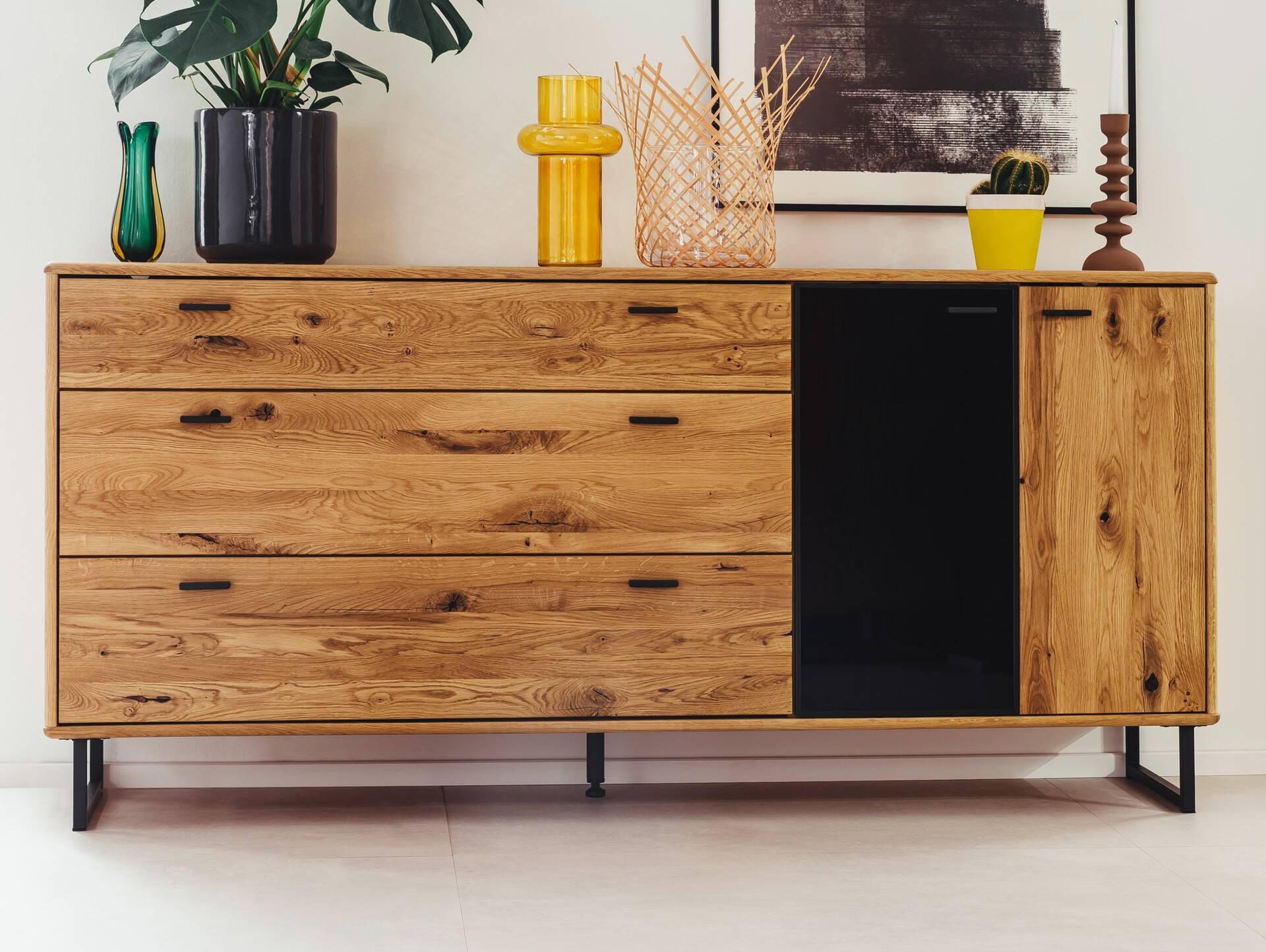 ALMERIO Sideboard, Wildeiche teilmassiv, anthrazitfarbig 