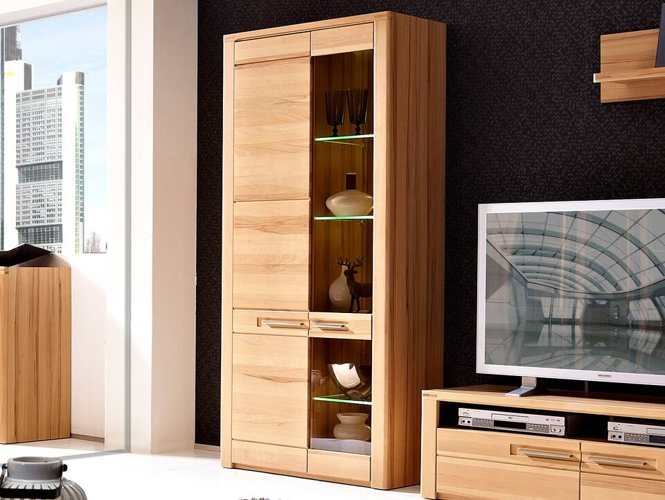 NESTOR PLUS Standvitrine hoch, Material Teilmassiv, Kernbuche lackiert 