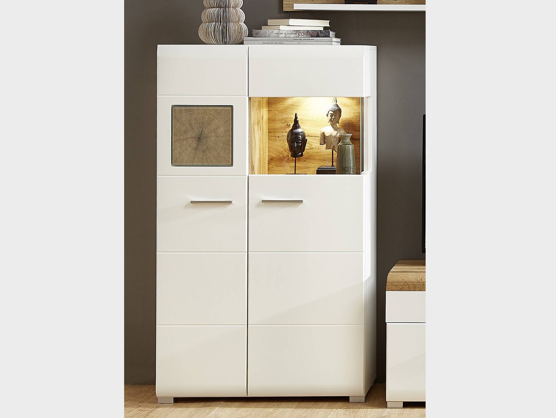 FELIPA II Vitrine, Material MDF, weiss/eichefarbig / Hirnholz 