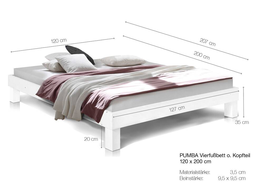 PUMBA Massivholzbett ohne Kopfteil, Material Massivholz, Fichte 120 x 200 cm | natur | Standardhöhe