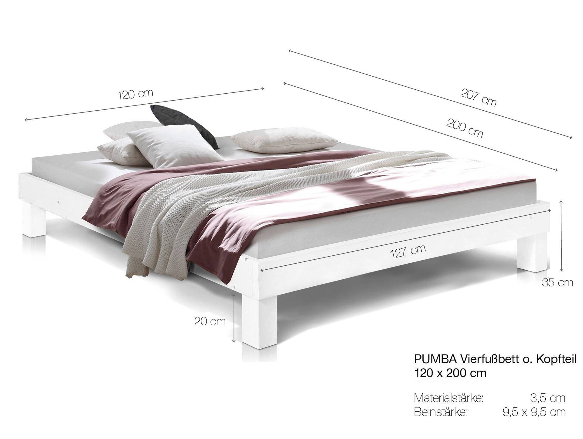 PUMBA Massivholzbett ohne Kopfteil, Material Massivholz, Fichte 120 x 200 cm | natur | Standardhöhe