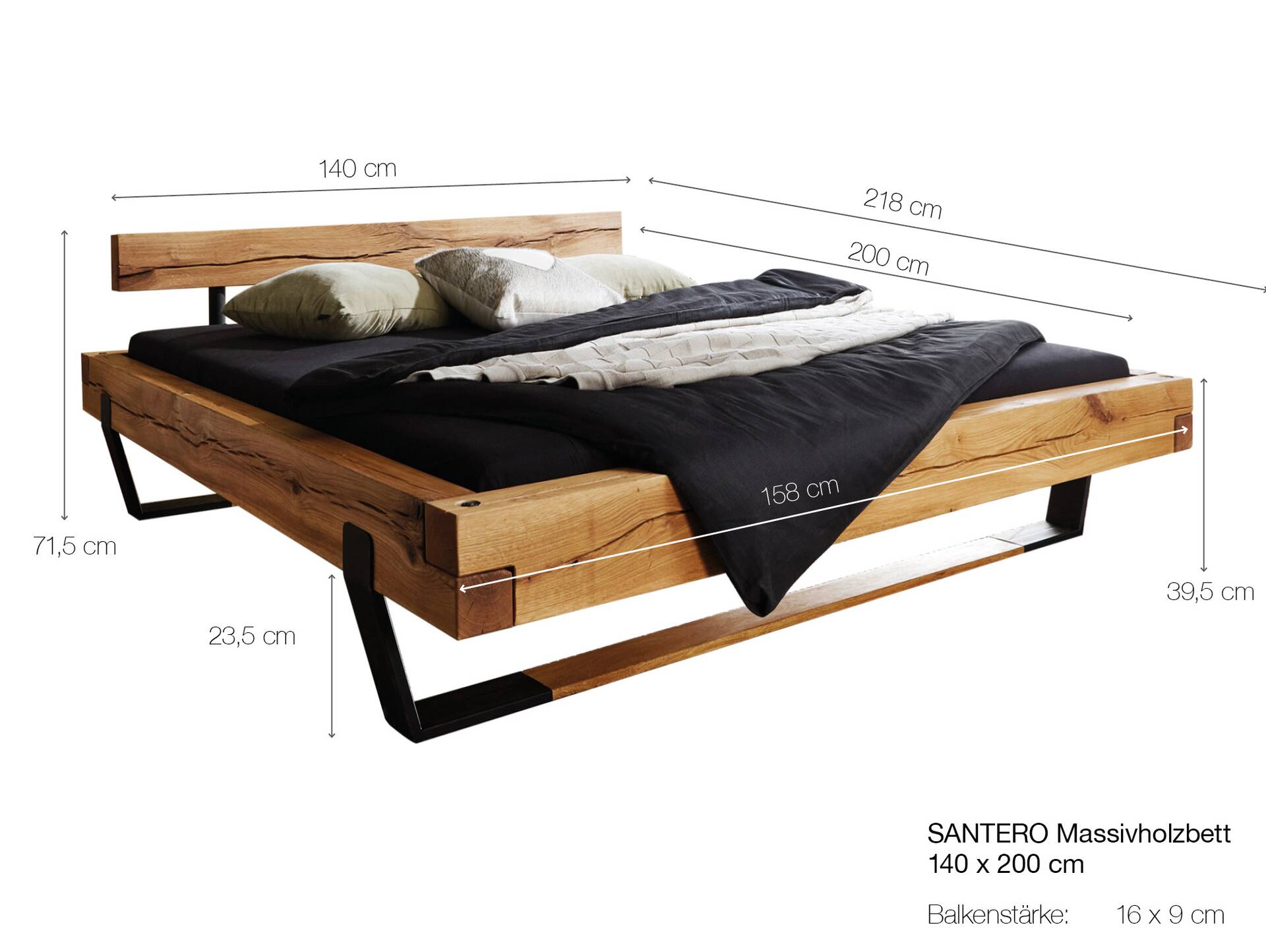 SANTERO Massivholzbett mit Balkenkopfteil, Wildbuche geölt 140 x 200 cm