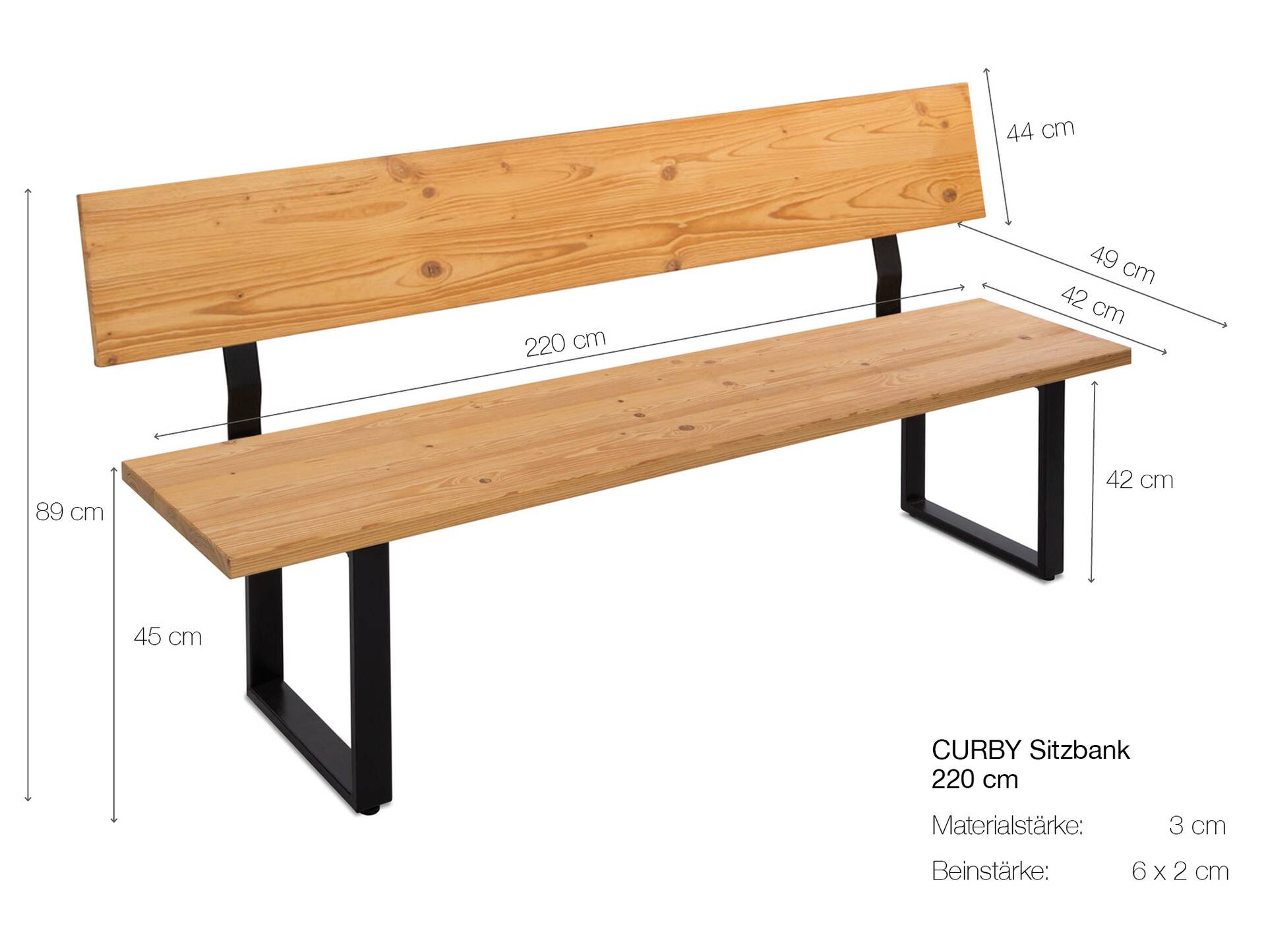 CURBY Sitzbank, rustikale Altholzoptik, Material Massivholz, Fichte gebürstet 220 cm | natur | mit Rückenlehne | ohne Sitzkissen