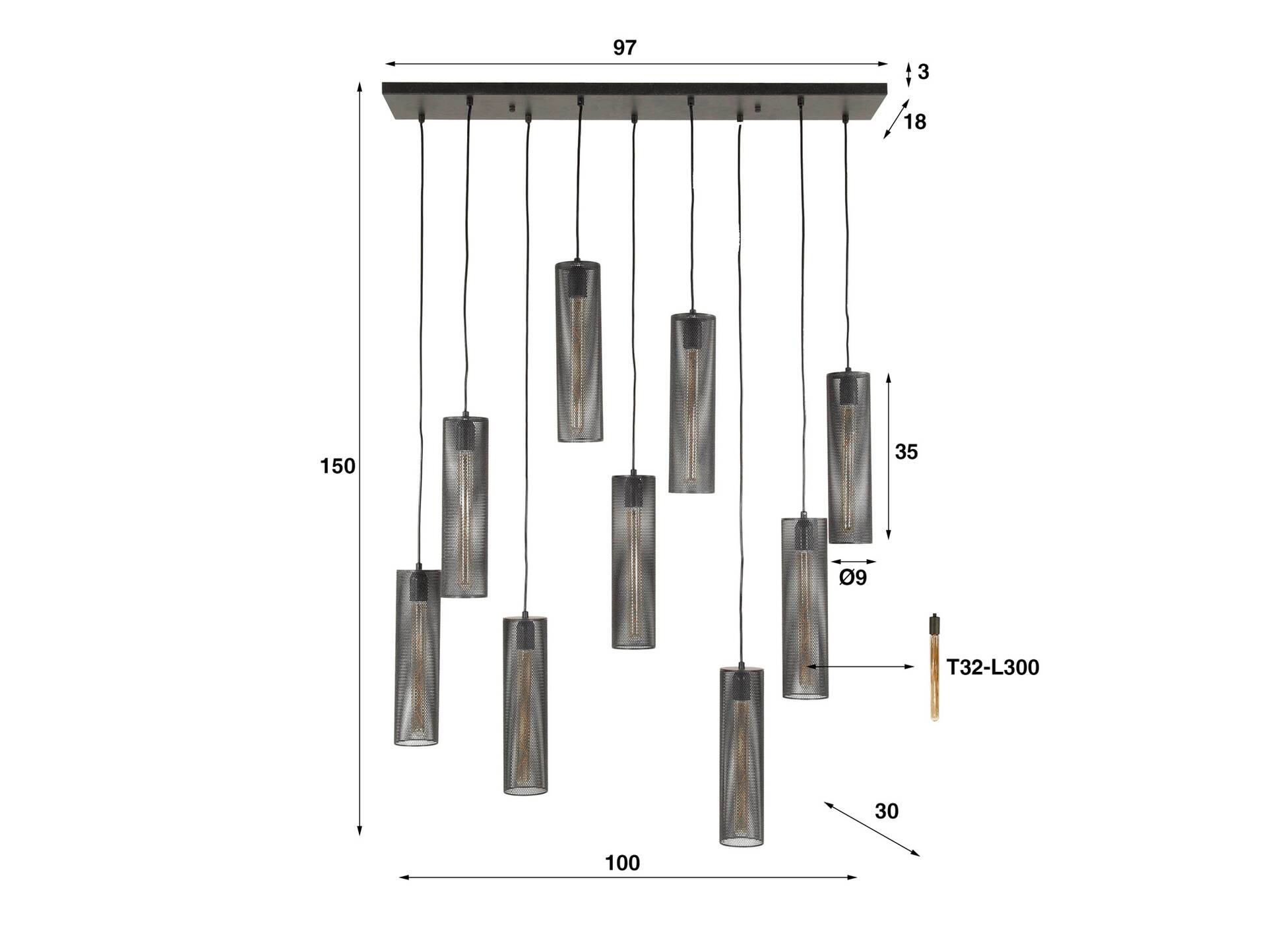 NOVALLE Hängelampe, 9-flammig, Material Metall, schwarz 