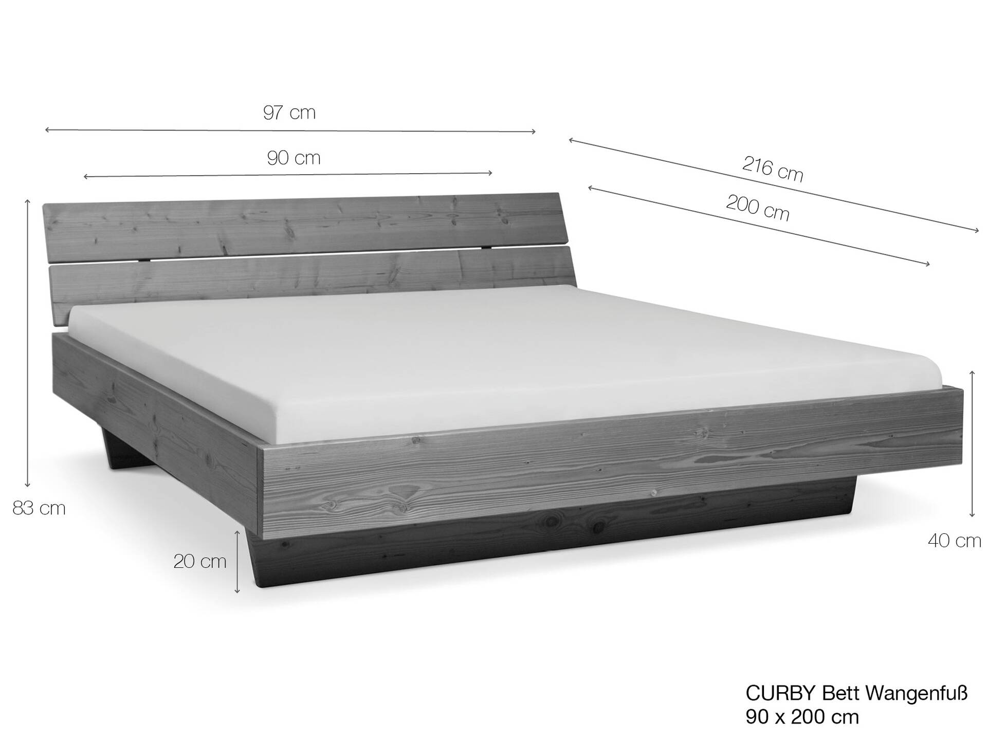 CURBY Wangenbett mit/ohne Kopfteil, Material Massivholz 90 x 200 cm | vintage | mit Kopfteil