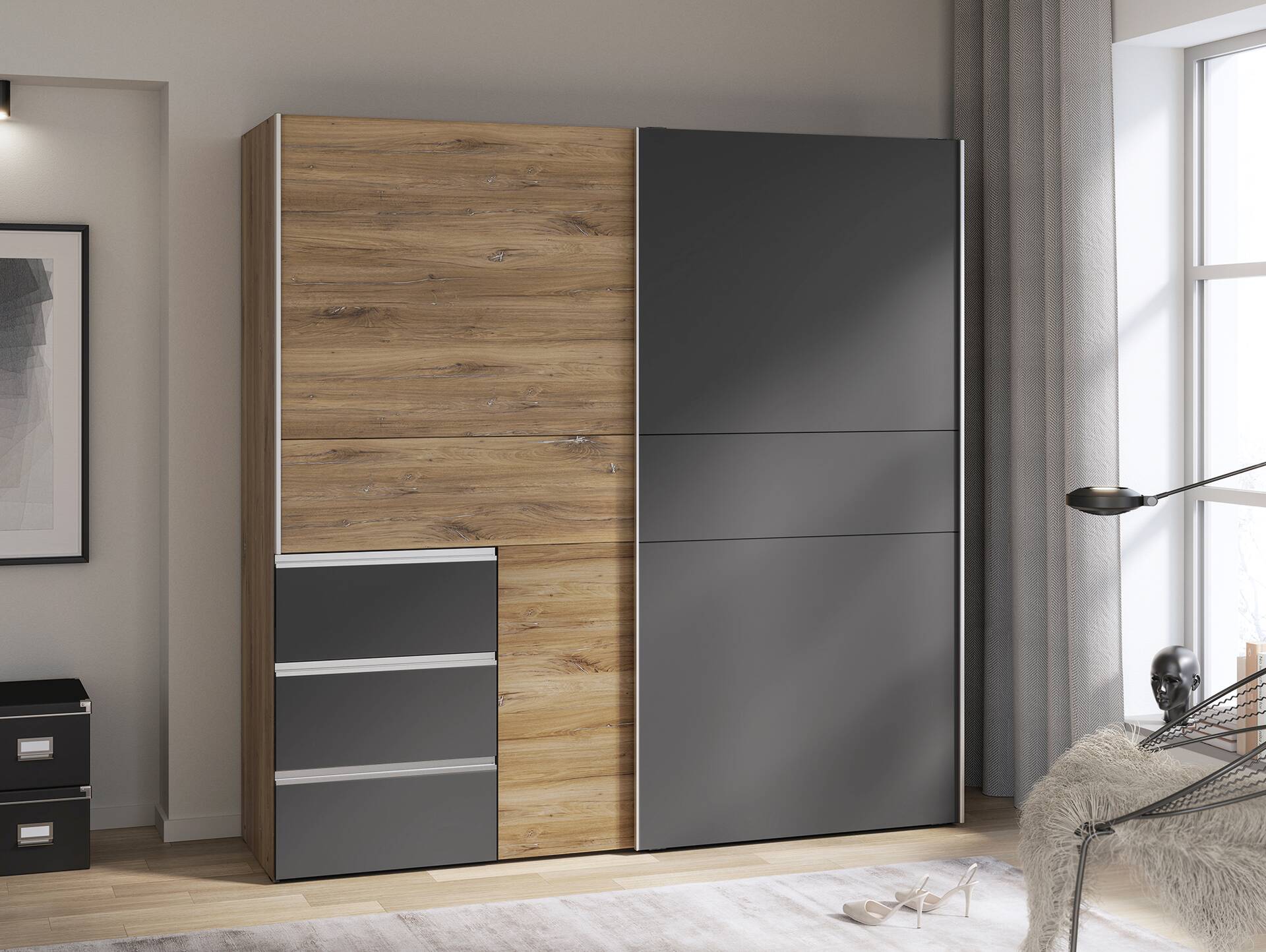 CESSANDRA Schwebetürenschrank, Material Dekorspanplatte Flagstaff eichefarbig / dunkelgrau