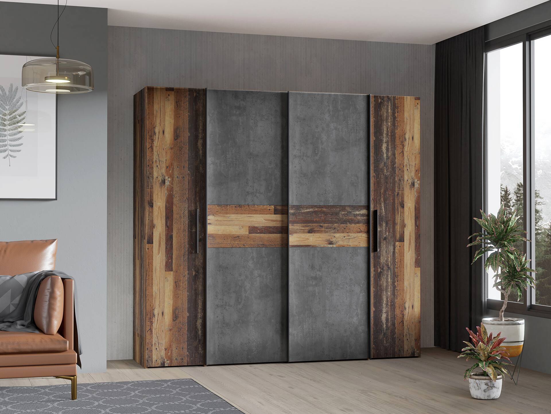 KINTA Kleiderschrank, Material Dekorspanplatte Old Wood Vintage / betonfarbig