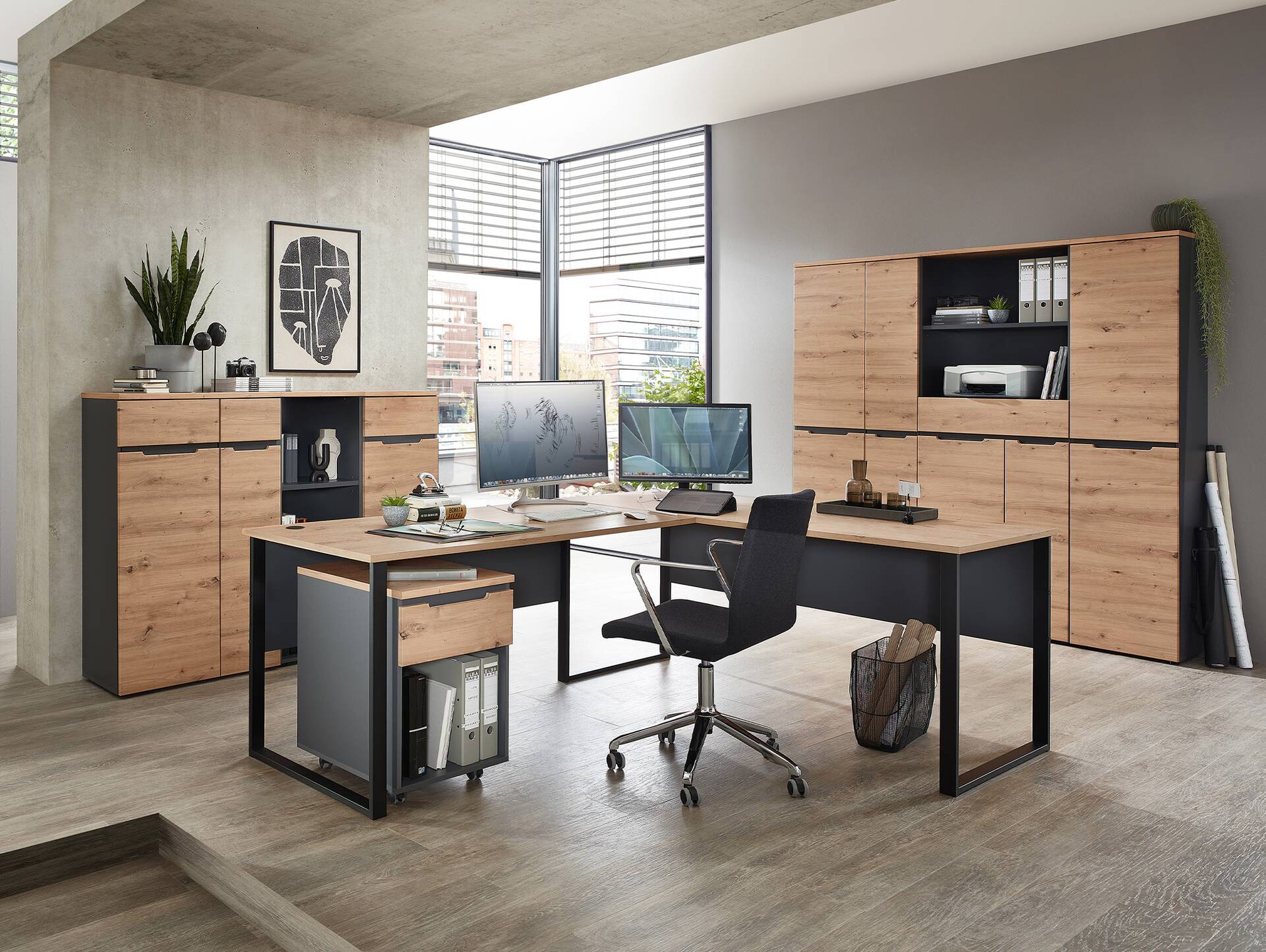 MAILAND Büroschrank II, Material Dekorspanplatte Artisan Eichefarbig / Graphit