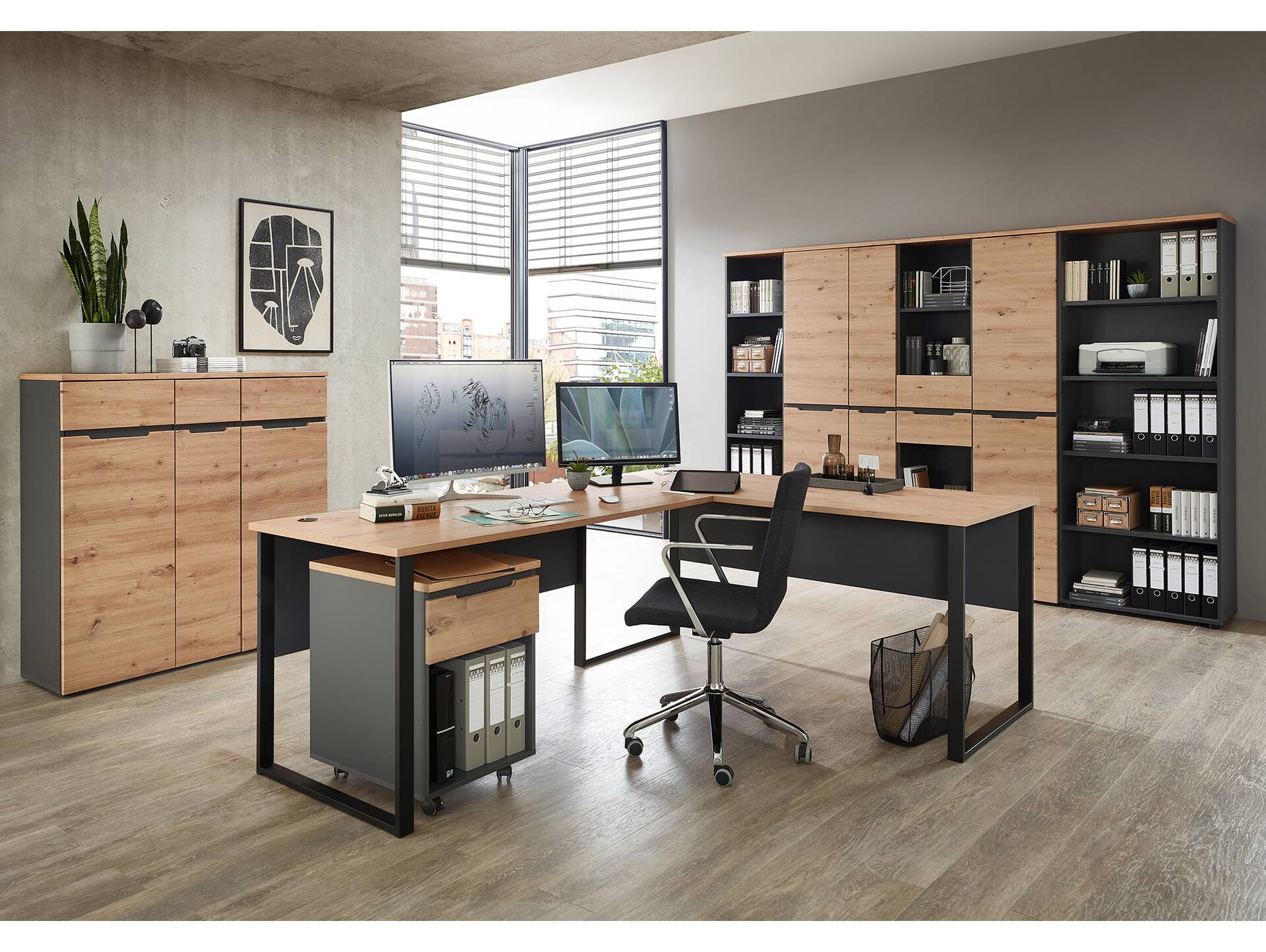 MAILAND Büroregal I, Material Dekorspanplatte Artisan Eichefarbig / Graphit