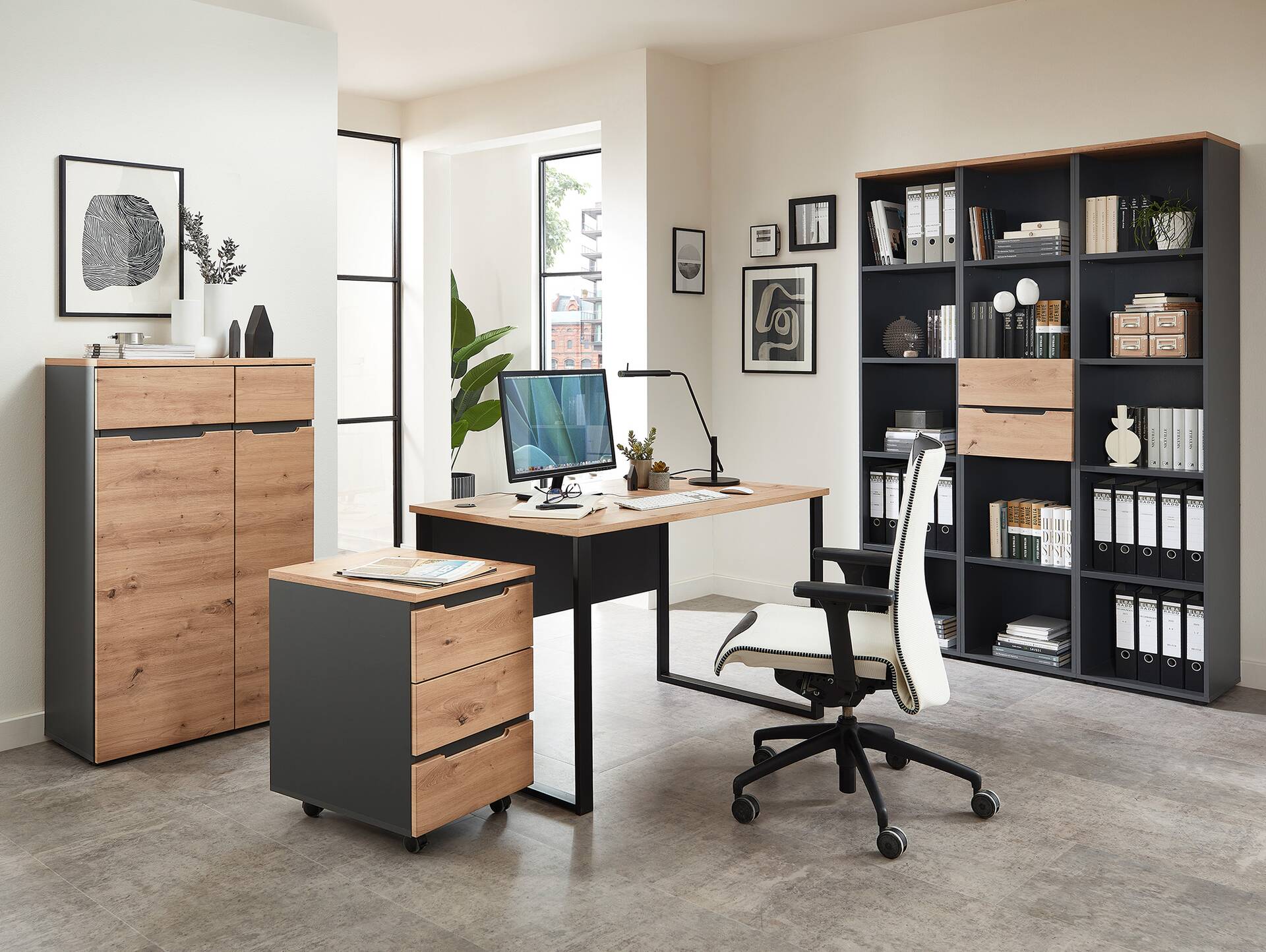 MAILAND Büroregal II, Material Dekorspanplatte Artisan Eichefarbig / Graphit