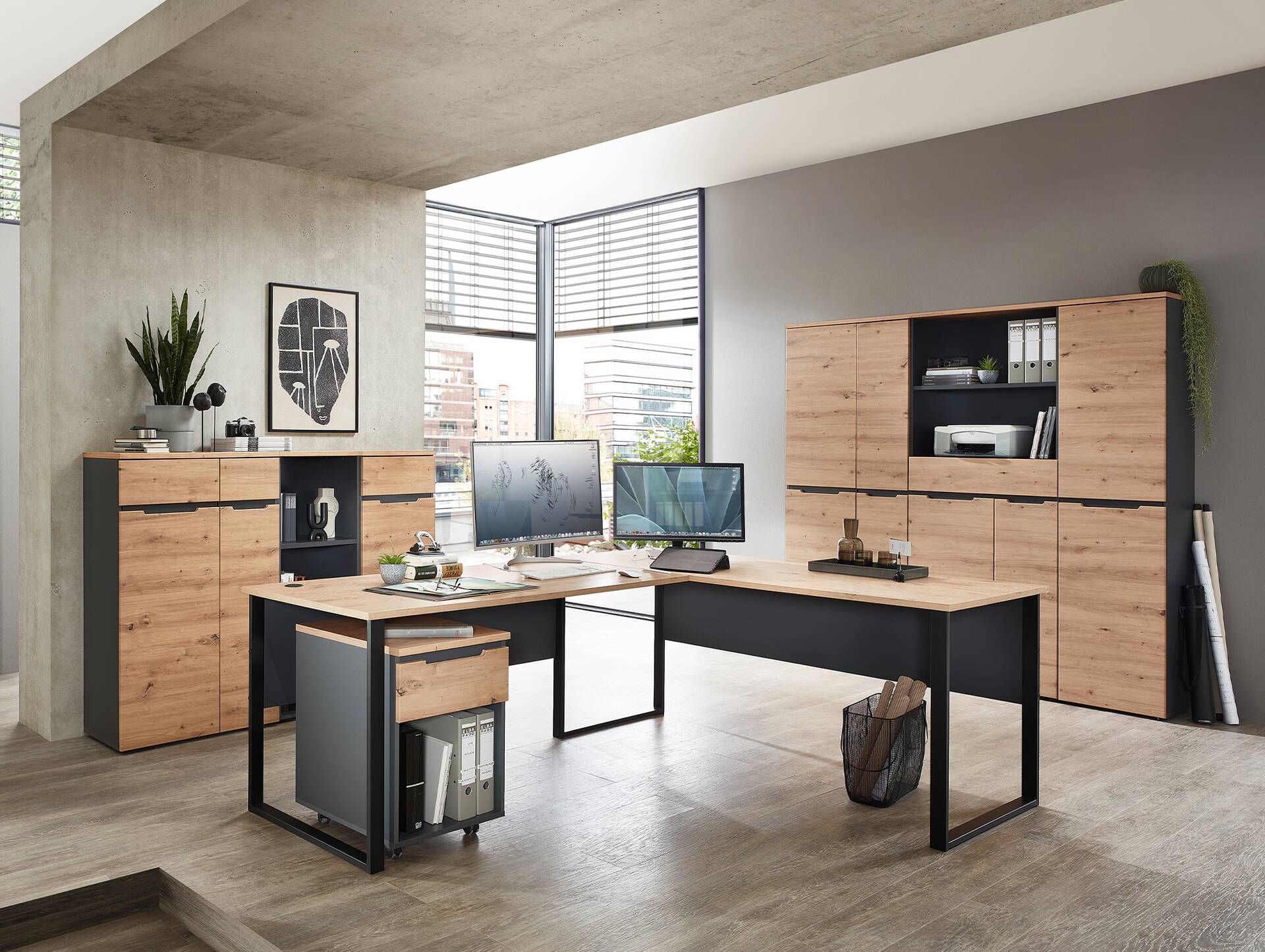 MAILAND Büroschrank IV, Material Dekorspanplatte Artisan Eichefarbig / Graphit