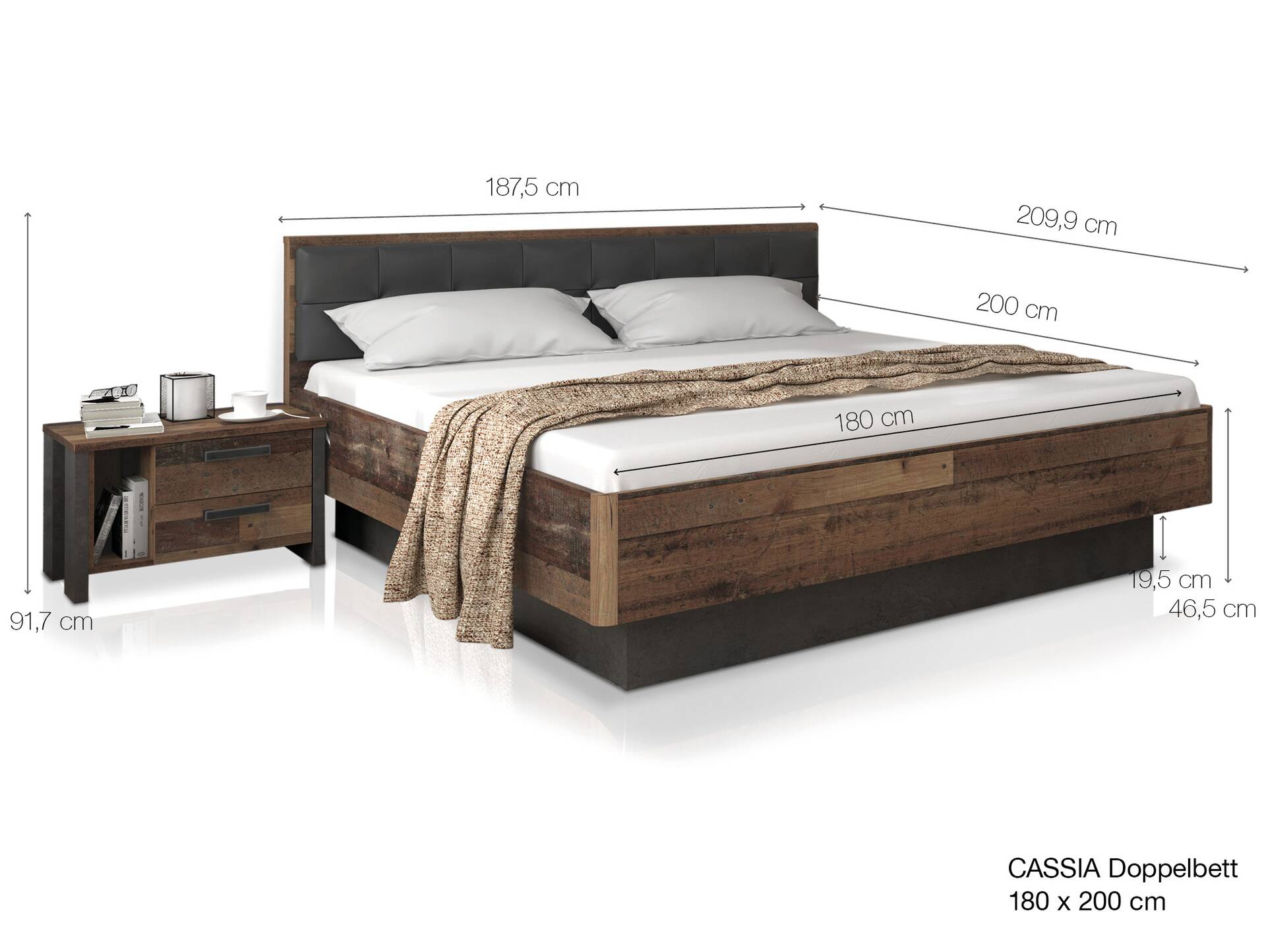 CASSIA Doppelbett 180x200 cm, Material Spanplatte, Old Wood Vintage Nachbildung/betonfarbig 