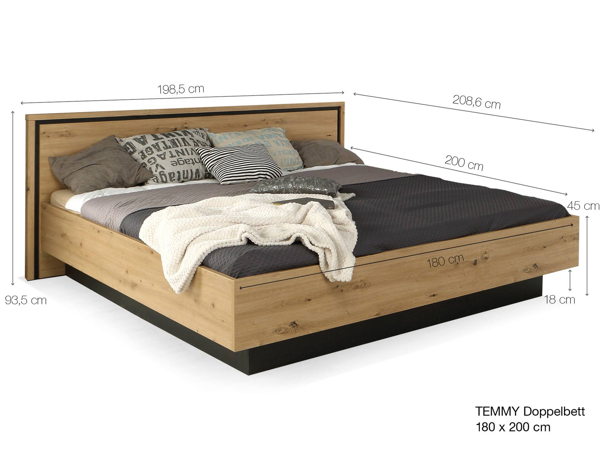 TEMMY Doppelbett 180x200 cm, Material Spanplatte, Artisan Eiche Nachbildung 